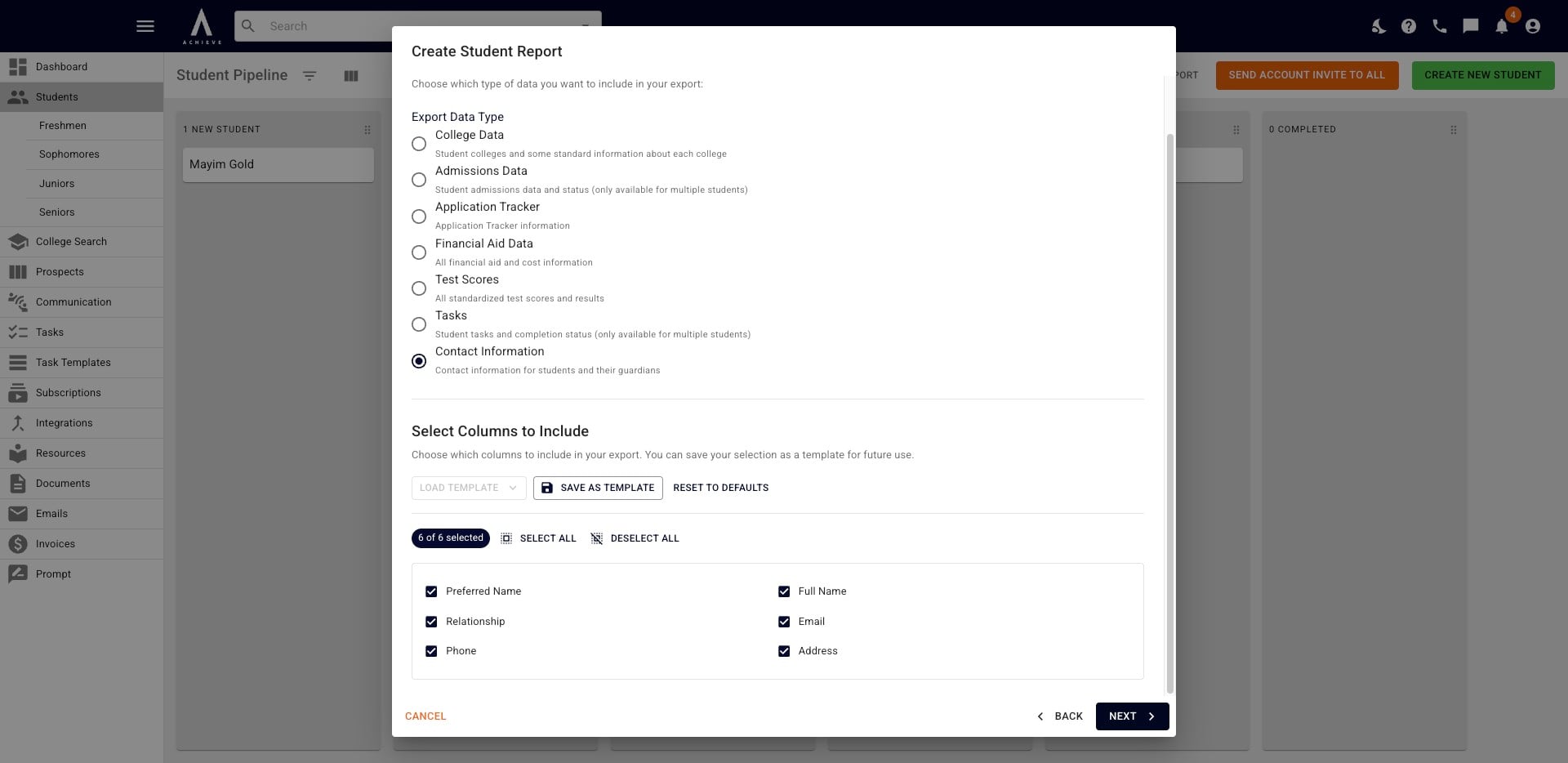To customize your report, scroll down to **Select the Columns to Include.** If this is a report you plan on running regularly, select **Save As Template.**