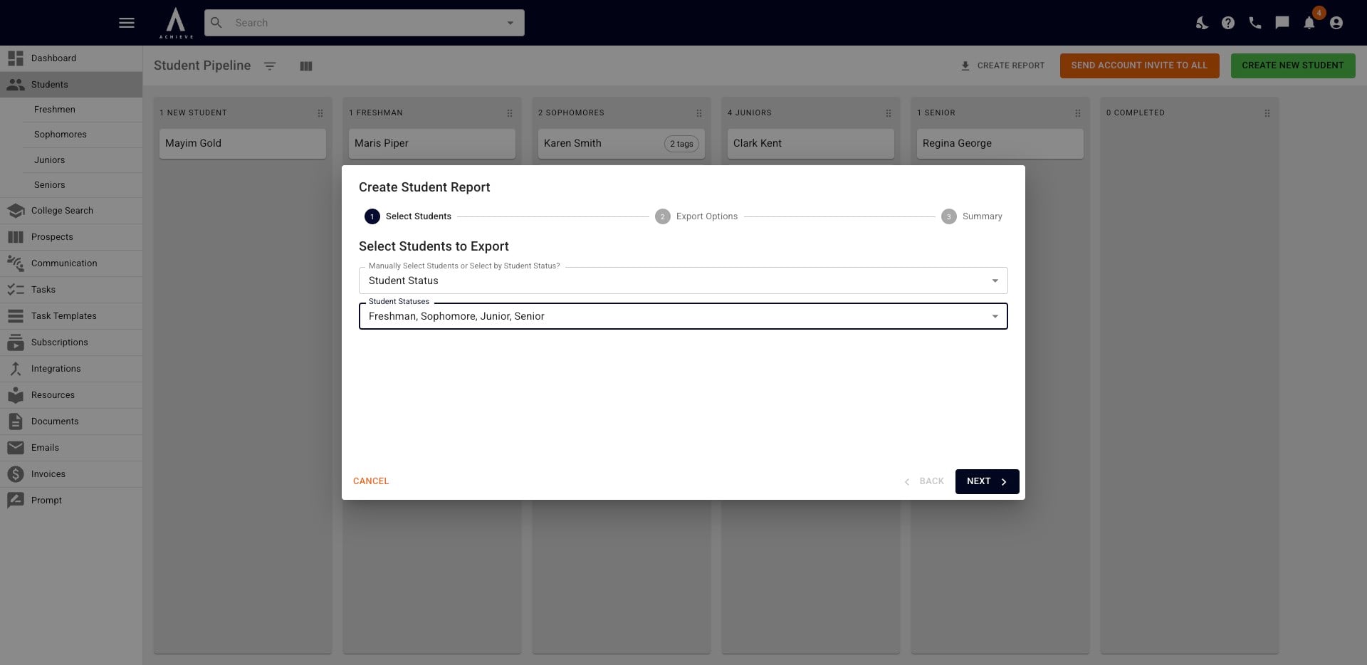 Once you've chosen student(s) or student status(s), click **Next.**