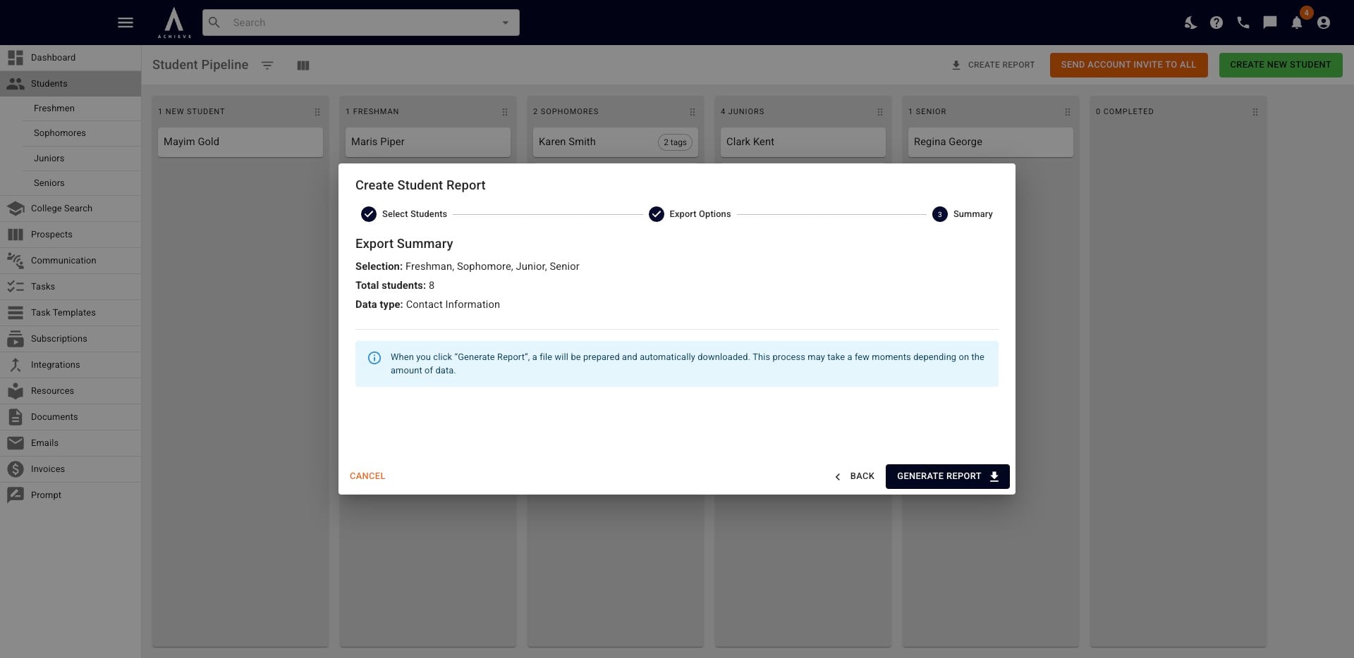 You will then be taken to the **Export Summary.** Review your selections and click on **Generate Report.** Your report will then be in your computer's downloads folder as a CSV file.