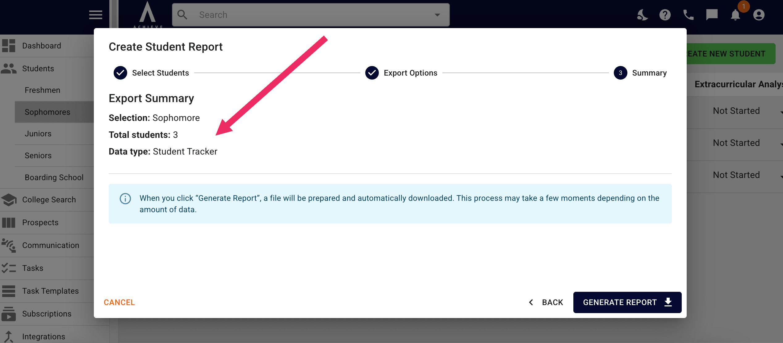 This will automatically bring you to a **Report Summary** that shows how many students you'll be exporting and which tracker you're exporting. Once you've reviewed the information, click **Generate Report.** Your report will then be in your computer's downloads folder as a CSV file.