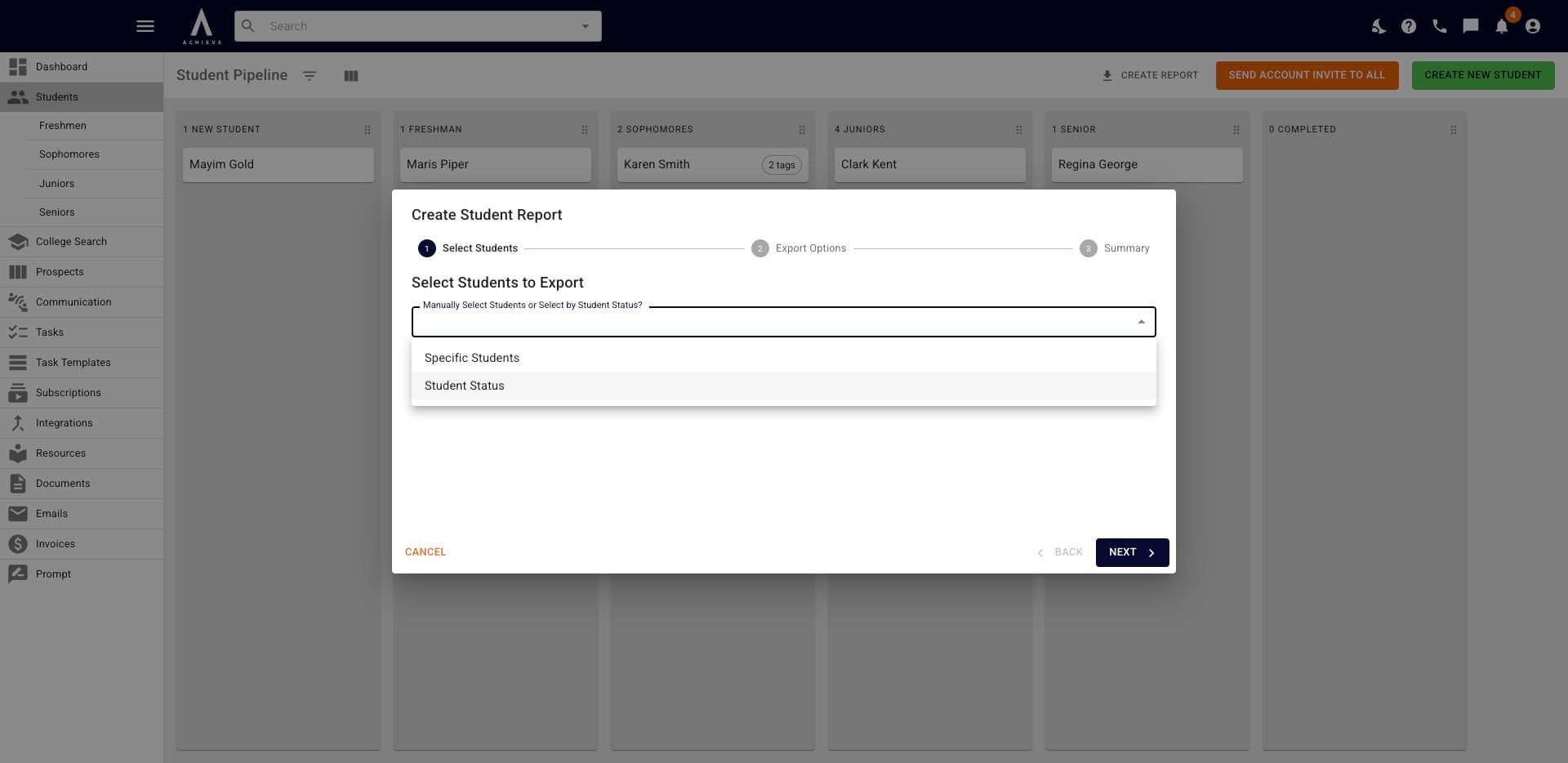 Choose if you want to run reports for **Specific Students** (it can be 1 student or more than 1) or **Student Status** (it can be 1 status or more than 1).