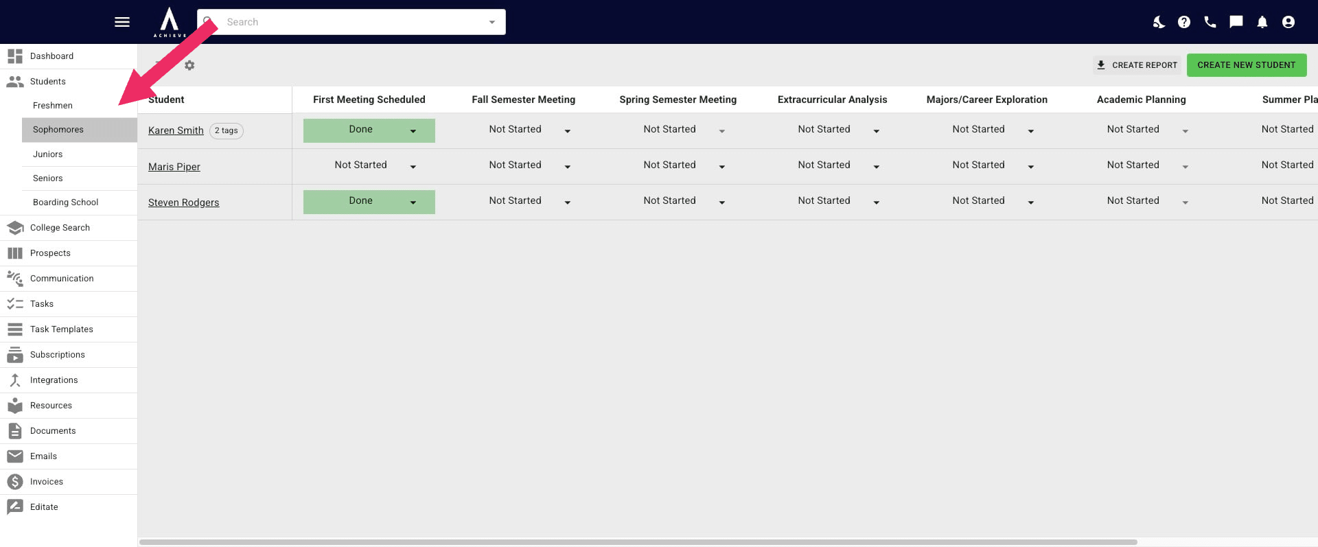 Another report option is to export a grade level or status tracker. If you click on any of the trackers on the left-hand side, you'll see a **Create Report Button**.