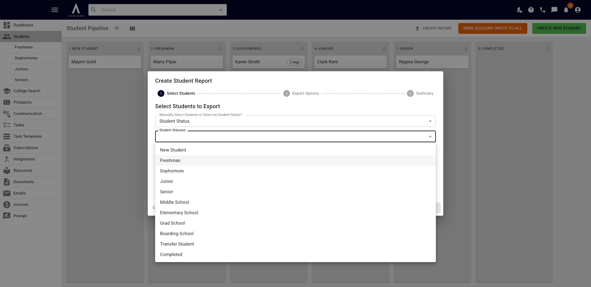 Alternatively, if you chose the **Student Status** option, you'll be able to select the student status(es) you want included in the report.
