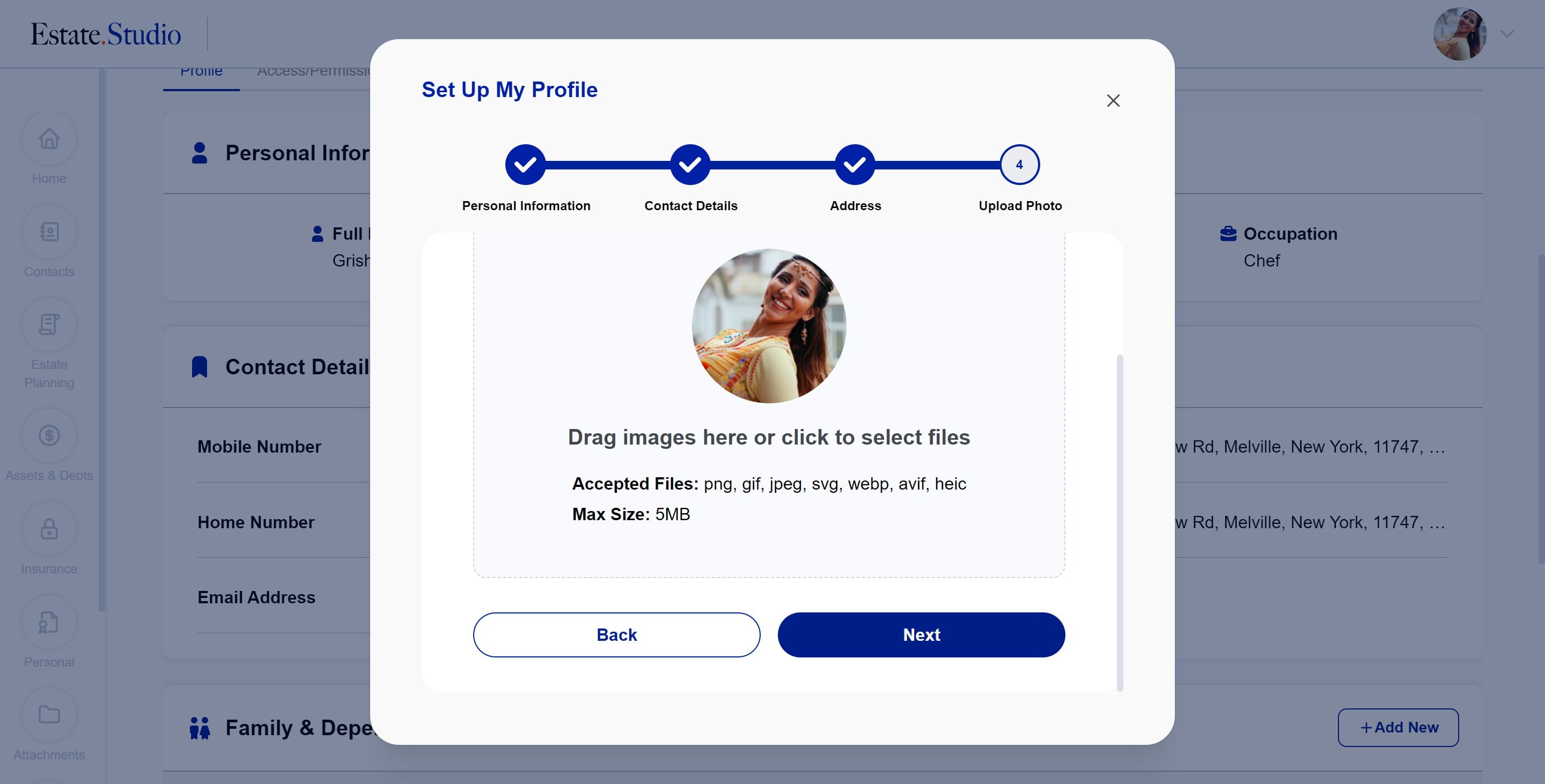 Upload a new image if you wish to change your profile image, then click on "Next"