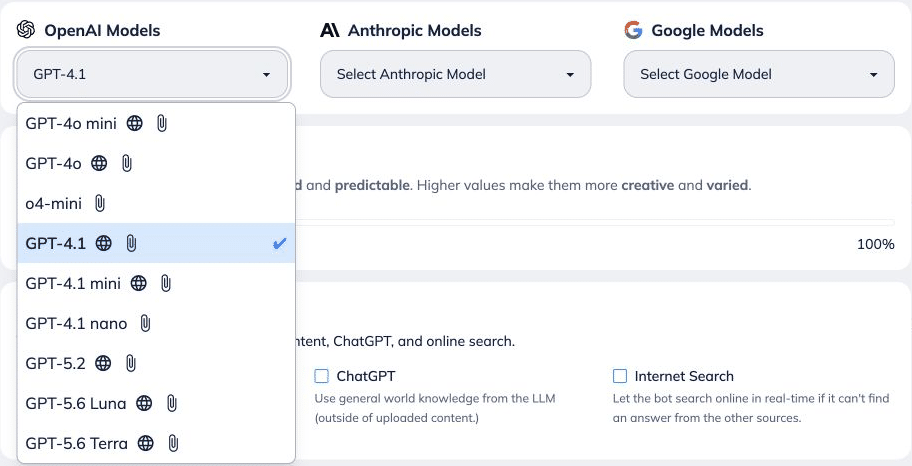 Choose the **Text Model** you want to use in **Tune AI**. The available models are shown in your account; model availability can change.
 
**Text models and voice conversations**
Changing the **Text Model** in **Tune AI** changes text chat, not the voice model. Voice uses the same knowledge and main Tune AI instructions. Configure voice, language, speaking style and additional spoken-delivery guidance under **Deployment → Chat Widget**.
 
Use **Voice Preview** in Chat Widget to test spoken replies. See the [Chat Widget and Voice guide](https://help.fastbots.ai/guides/InTNxHa0Rolzd7t7dfjS).