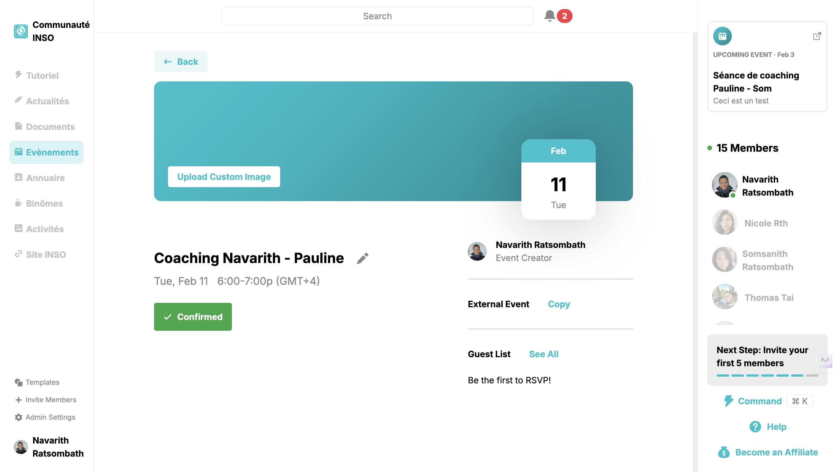 Et voilà, votre coaching est programmé ! En appuyant sur "Back", vous pourrez voir tous les coaching programmés.