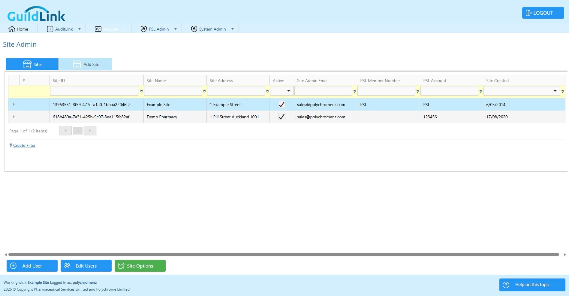 Choose the site you want to work with. Most pharmacies will only have one site.