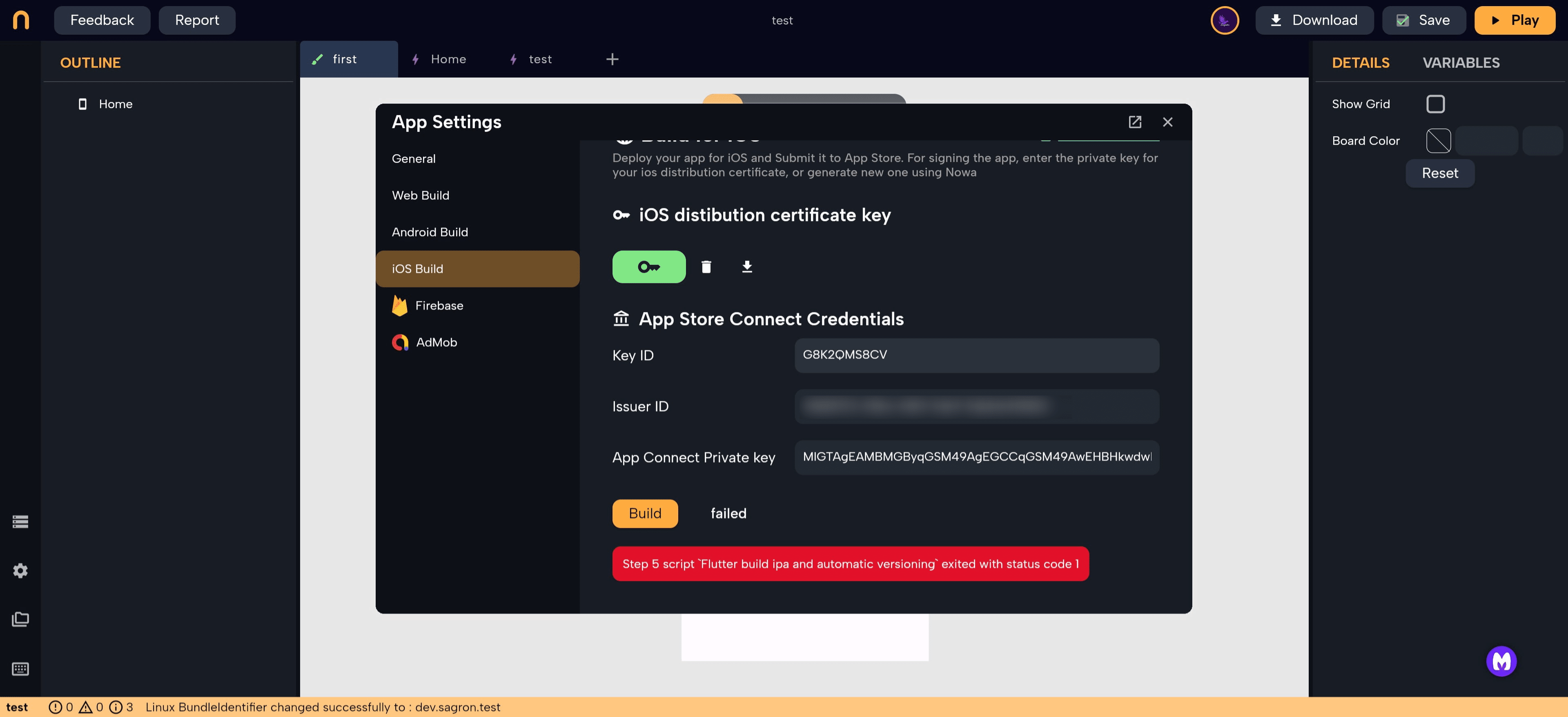 Navigate back to your Nowa app and fill in the different fields inside the "iOS Build" tab in the settings