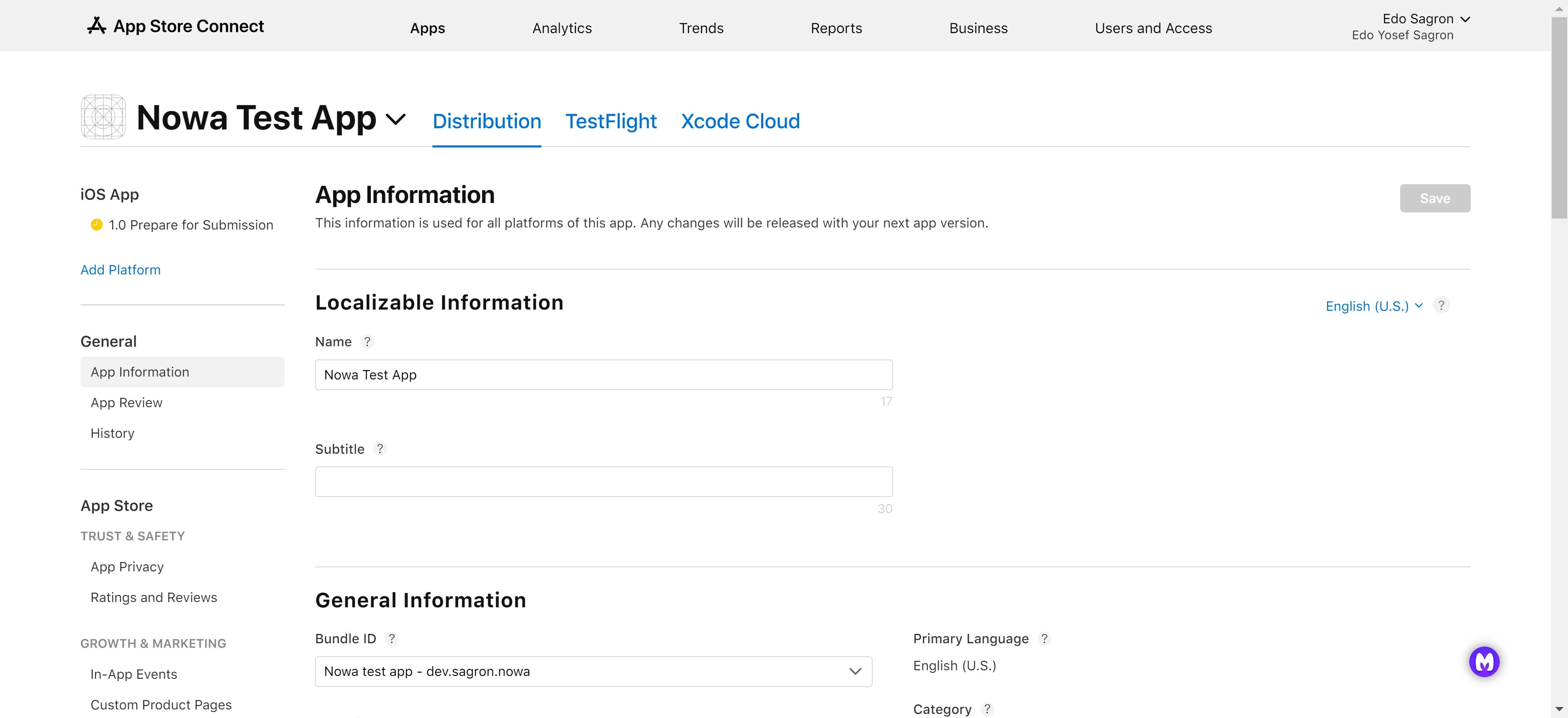 Go back to the "App Store Connect" main page
