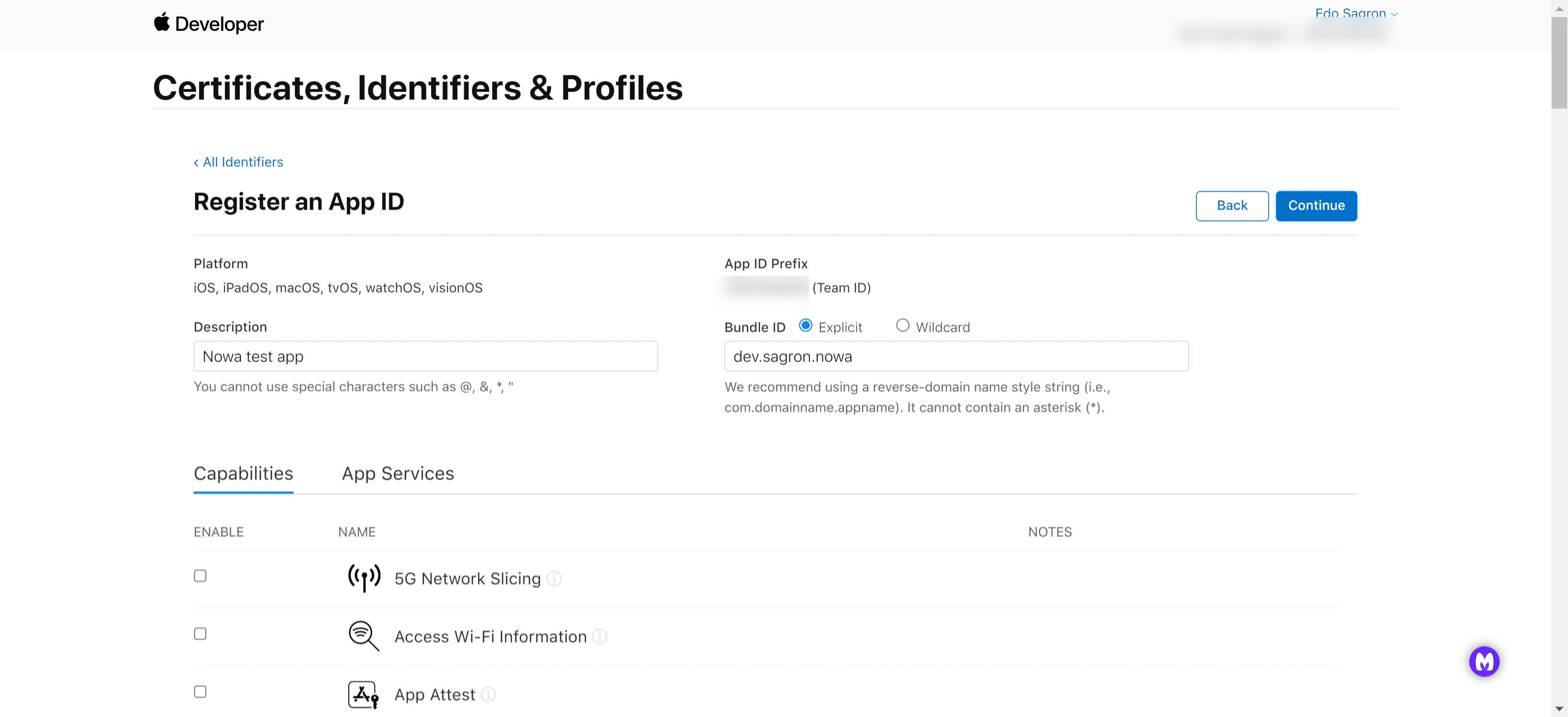 Under "Capabilities" choose what your app needs and once you're done, click on "Continue"