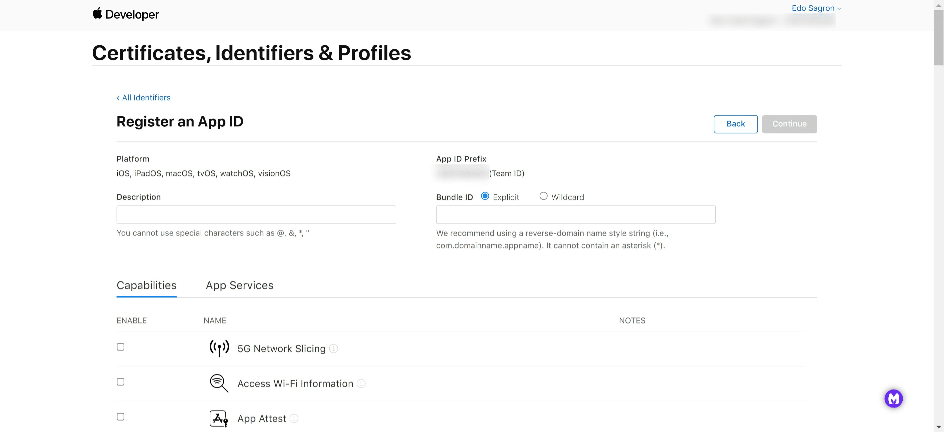Fill in the description and Bundle ID - The Bundle ID is the package path (dev.sagron.nowa)