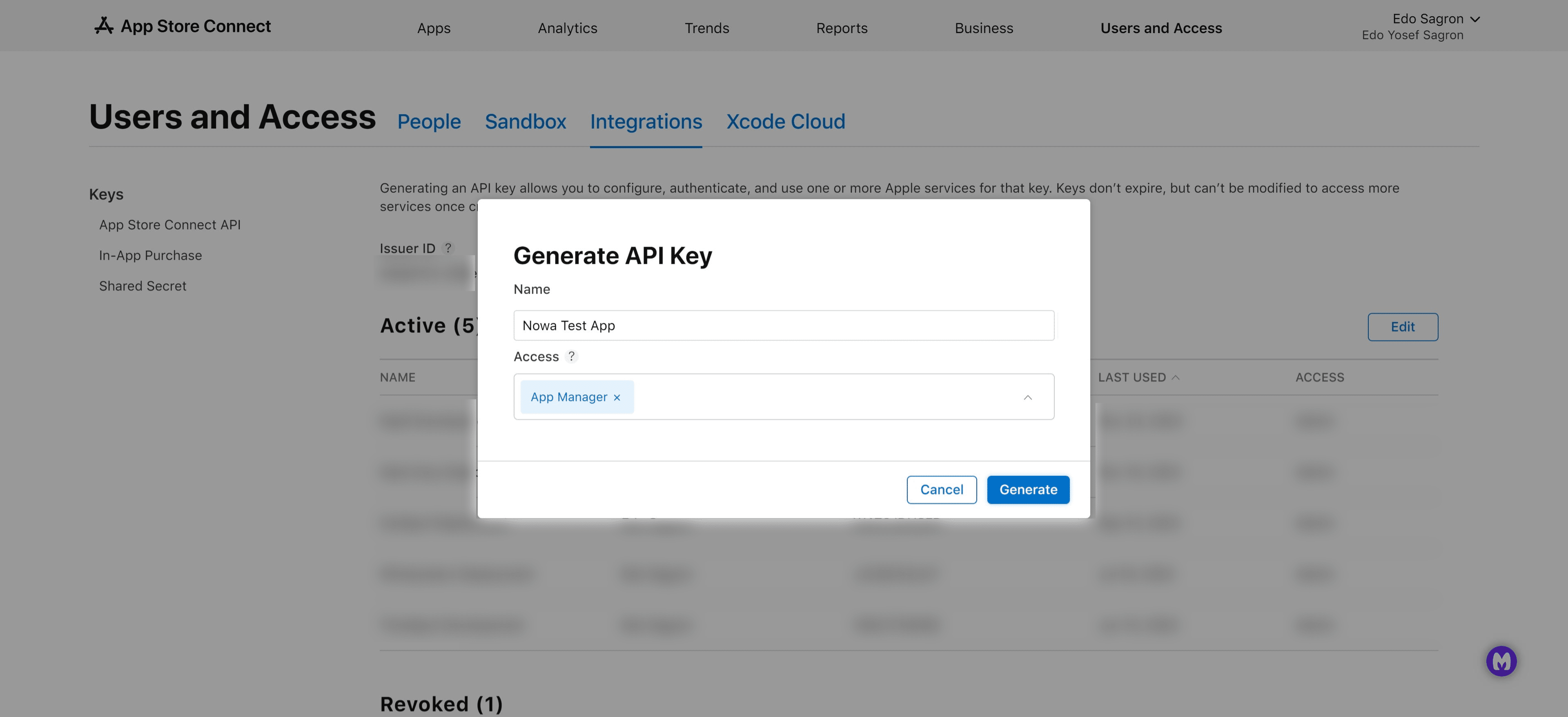 Fill in the name you'd like to give this key, and under "Access", choose "App Manager" or "Admin" to give the proper permissions to Nowa to deploy your app, once you're done, click on "Generate"