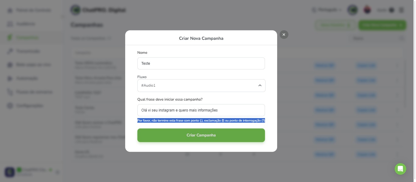 Click on "Criar Campanha"