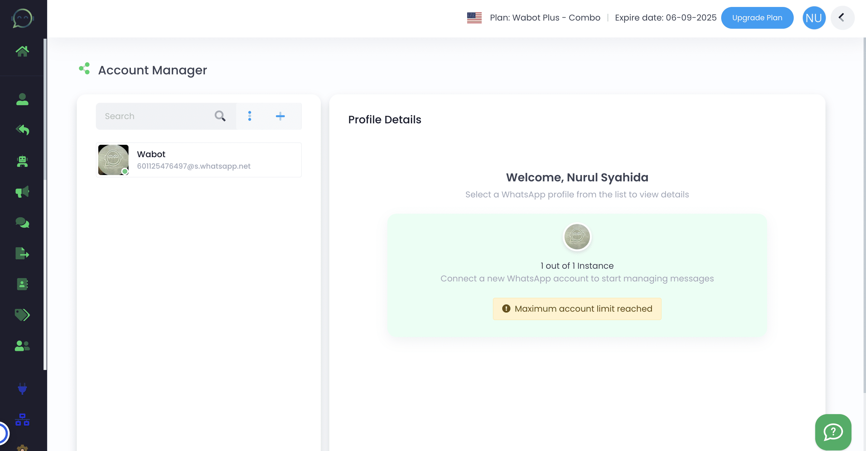 Right after scanning, your WhatsApp profile will appear here. Your number is already connected to Wabot and ready to be used