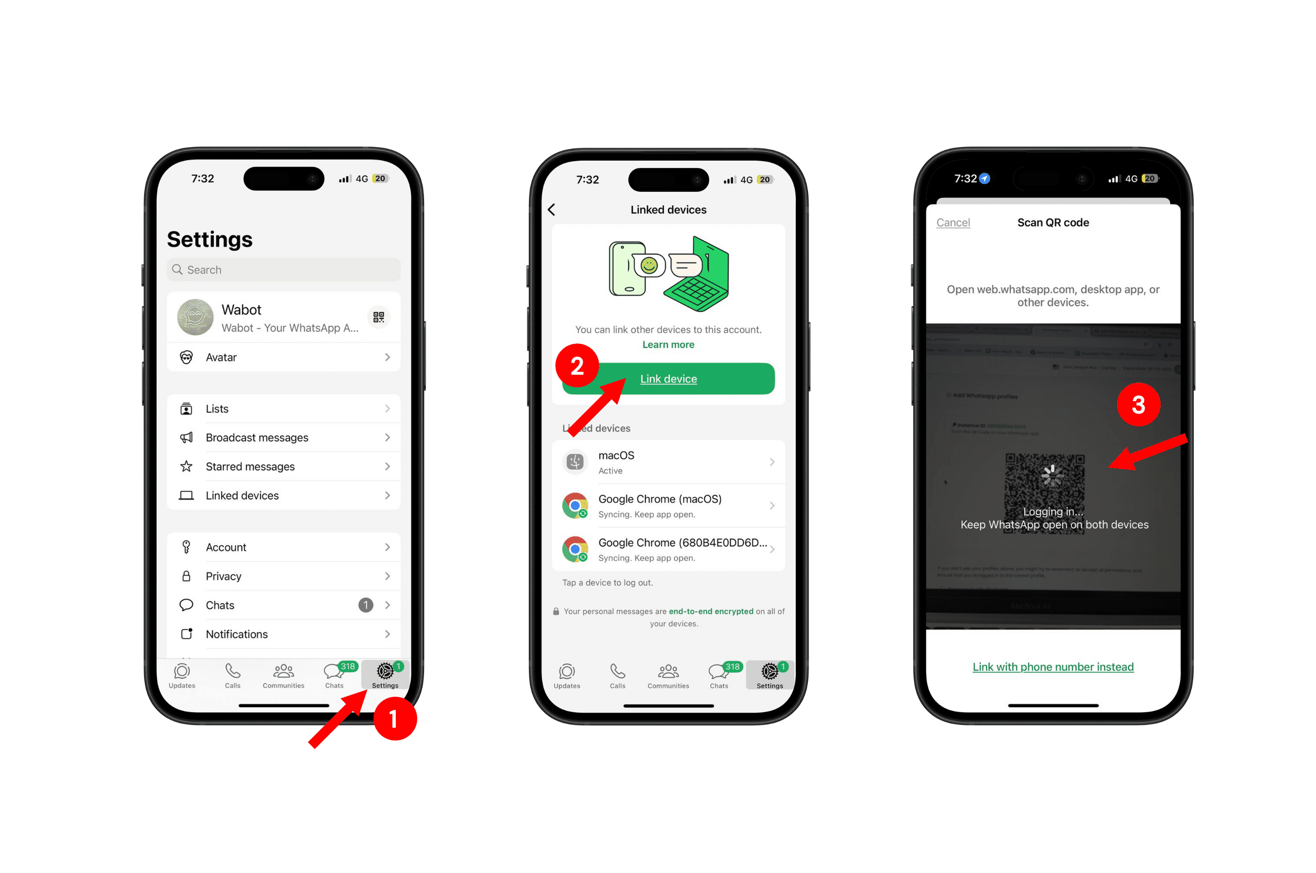 Open your WhatsApp and kindly follow the steps below to scan the QR code in Wabot