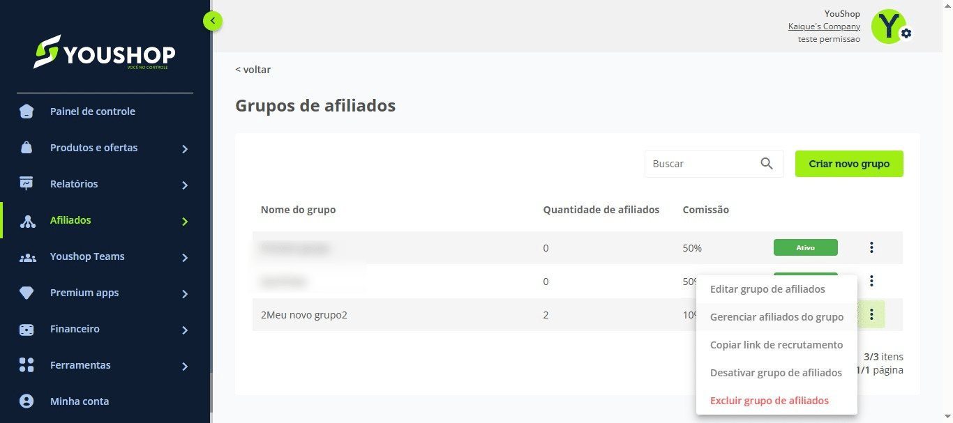 Selecione Gerenciar afiliados do grupo.