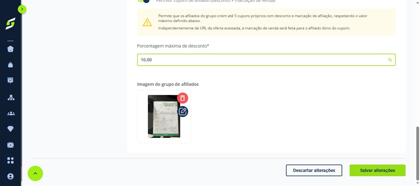 Defina a porcentagem máxima de desconto que o afiliado poderá aplicar e clique em "Salvar alterações".