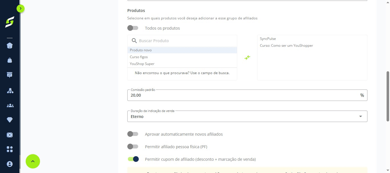 Selecione os produtos desejados e ative a opção "Permitir cupons de afiliado".