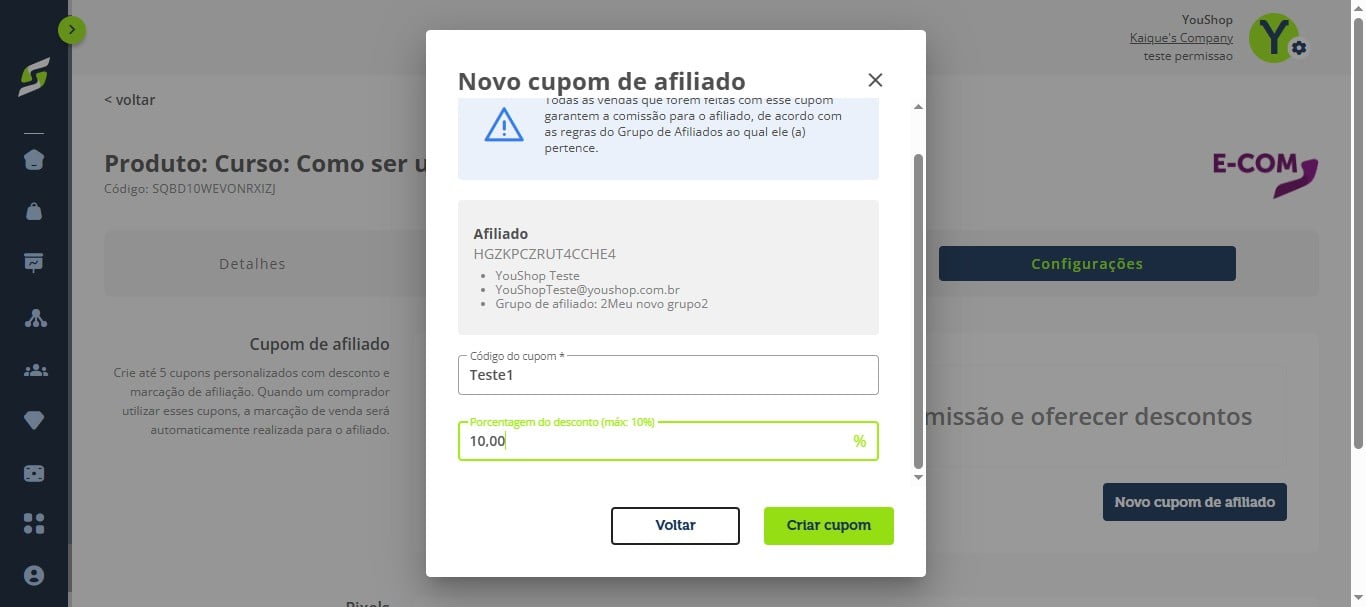 Preencha as informações solicitadas e clique em "Criar cupom".