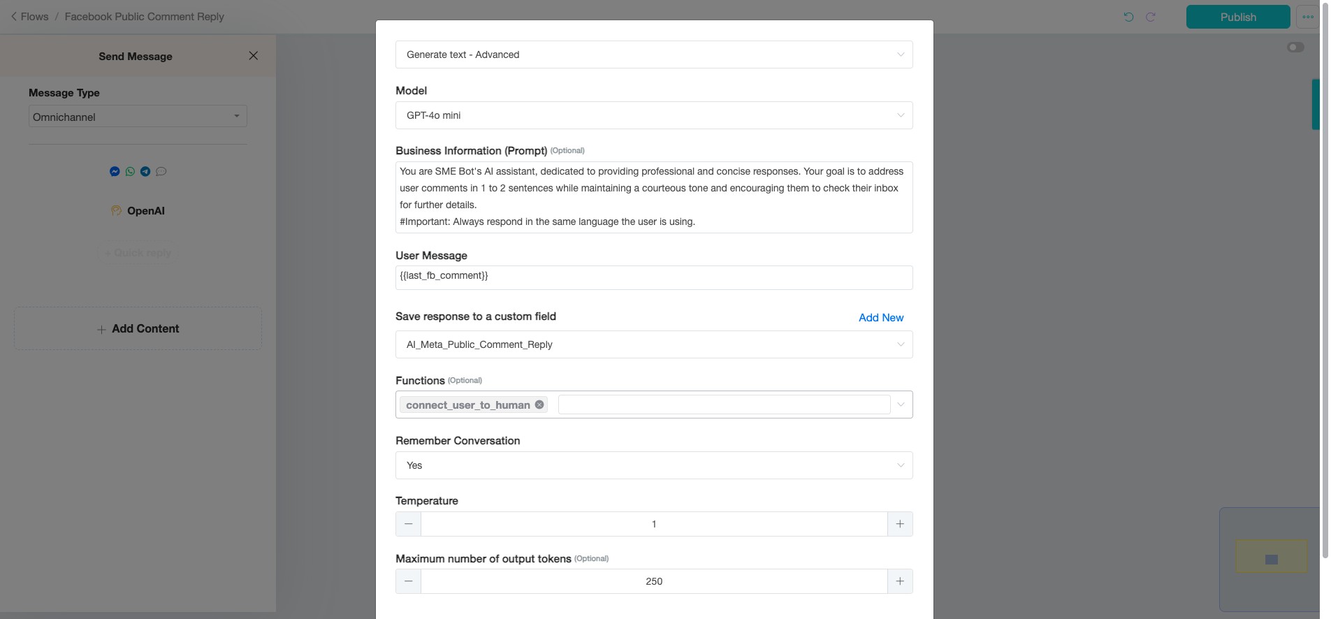 We are not using "Functions", and will remove "connect_user_to_human" to prevent the bot from auto-connecting users to a human agent.