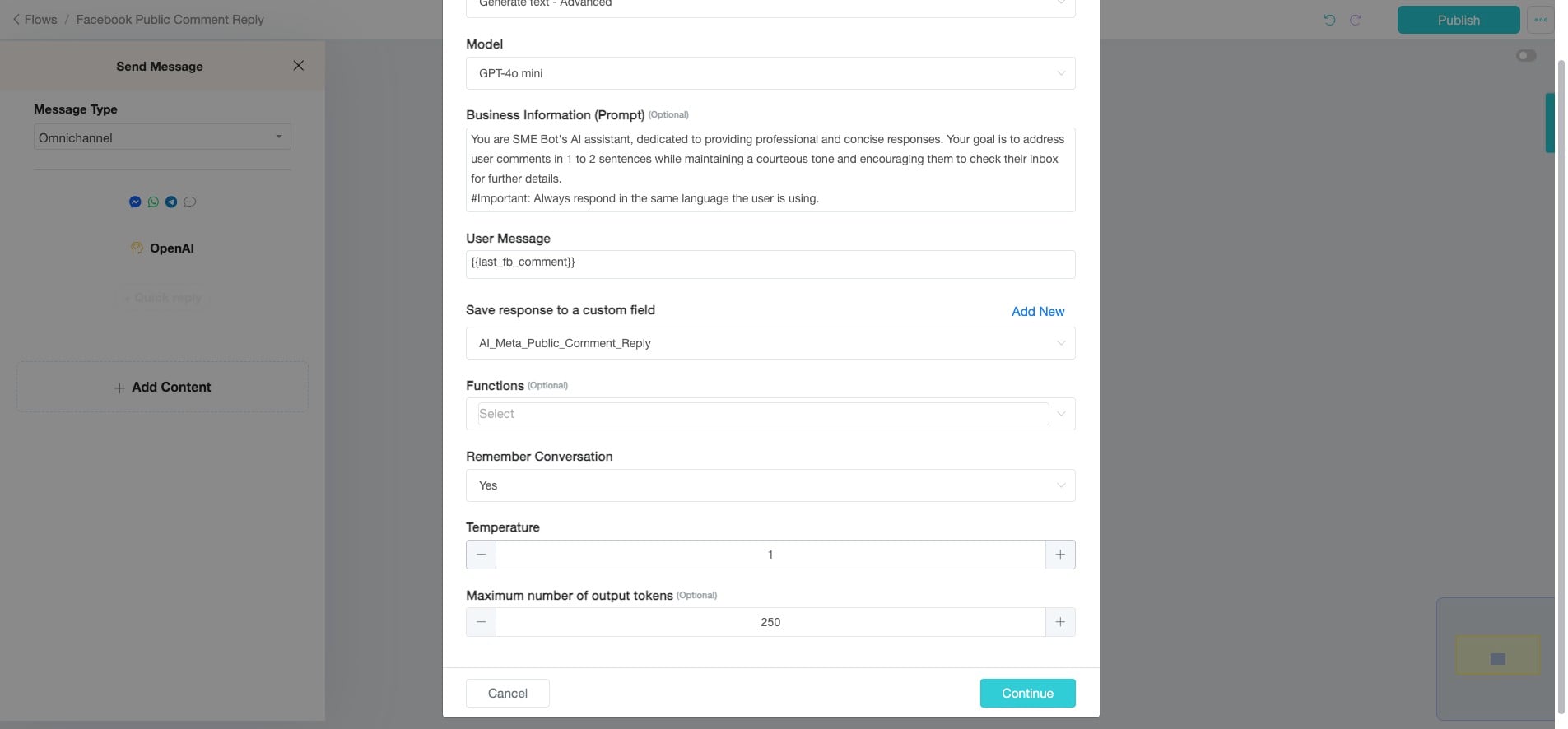 Select "Yes" to ensure the AI remembers conversations for this flow, and set the "Temperature" to 0.5 for balanced responses.