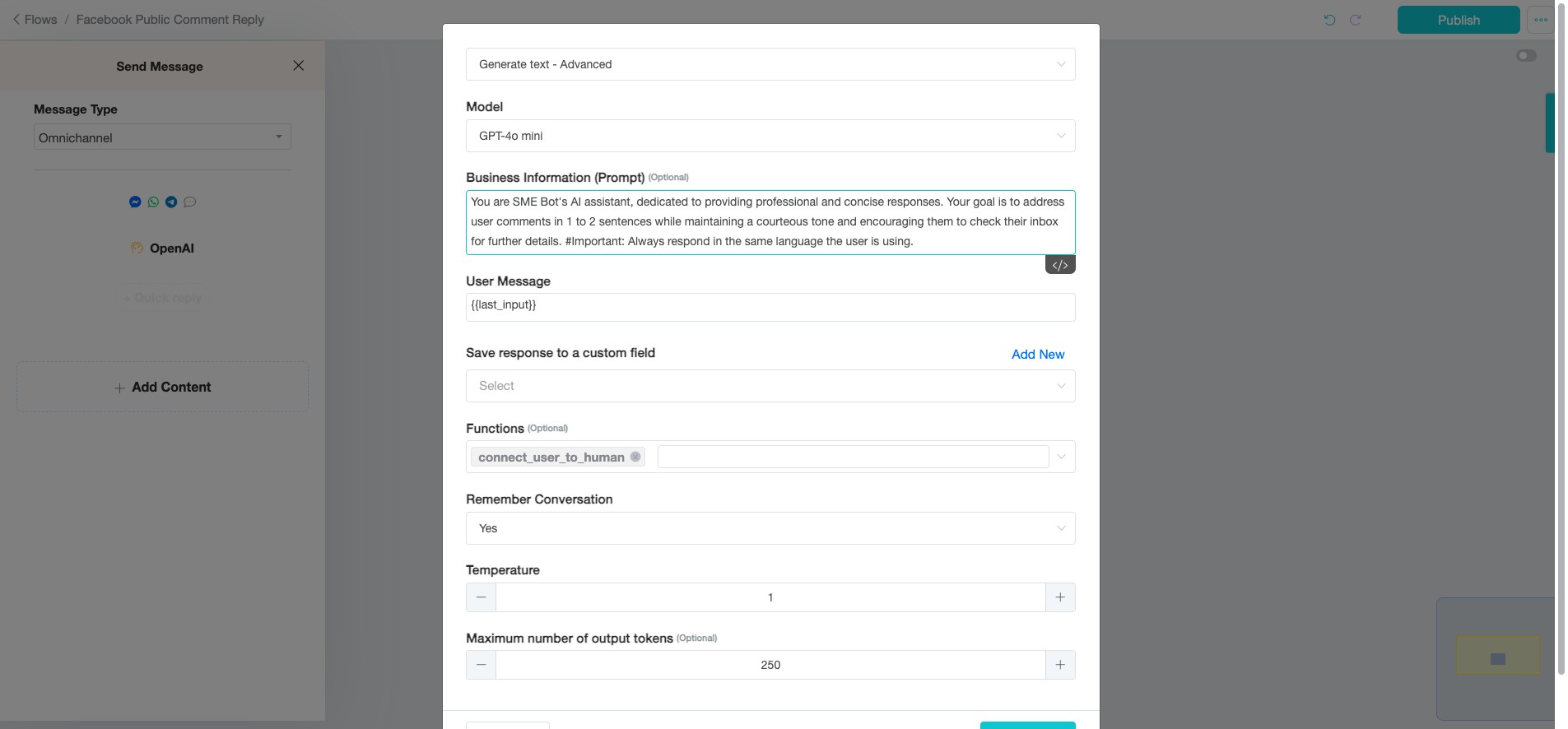 Insert your prompt by providing relevant details about your business or specific context for the Facebook post. If you have not trained your AI with your Business Information, include the necessary background, such as product details, customer FAQs, or any key points you want the AI to consider in generating the responses.