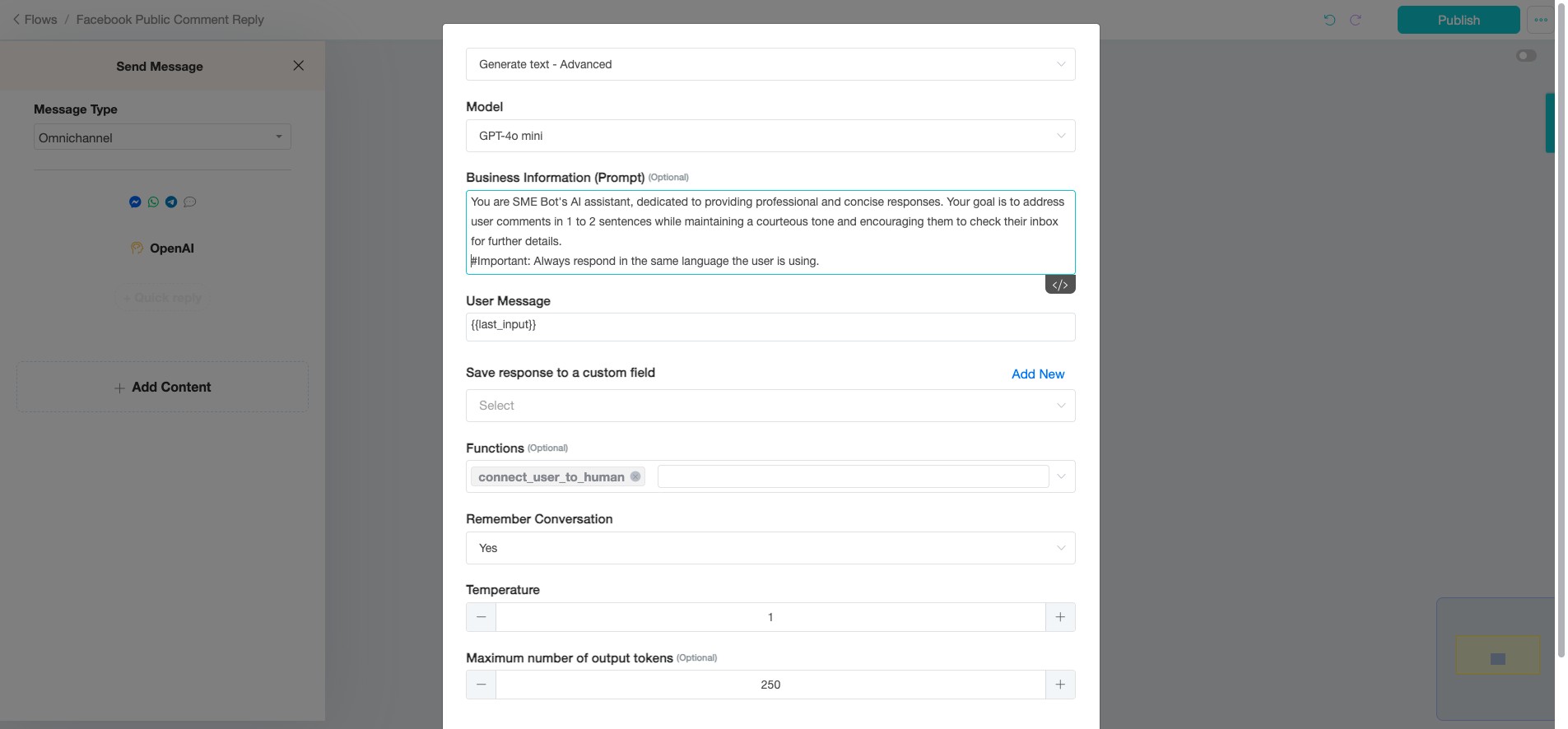Instead of the usual {{Last_input}}, use {{Last_FB_Comment}} for User Message. Click here to select it.