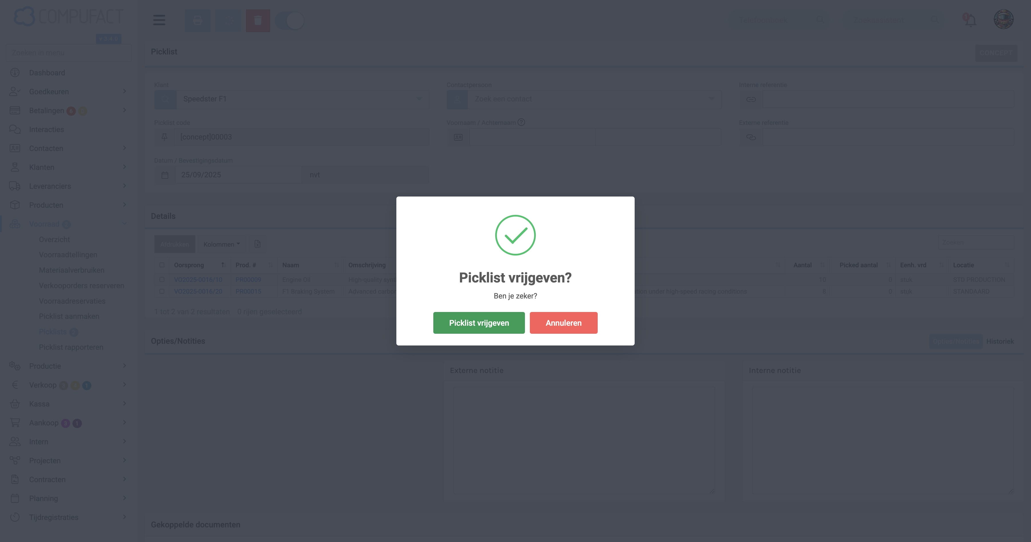 Bevestig "Picklist vrijgeven"