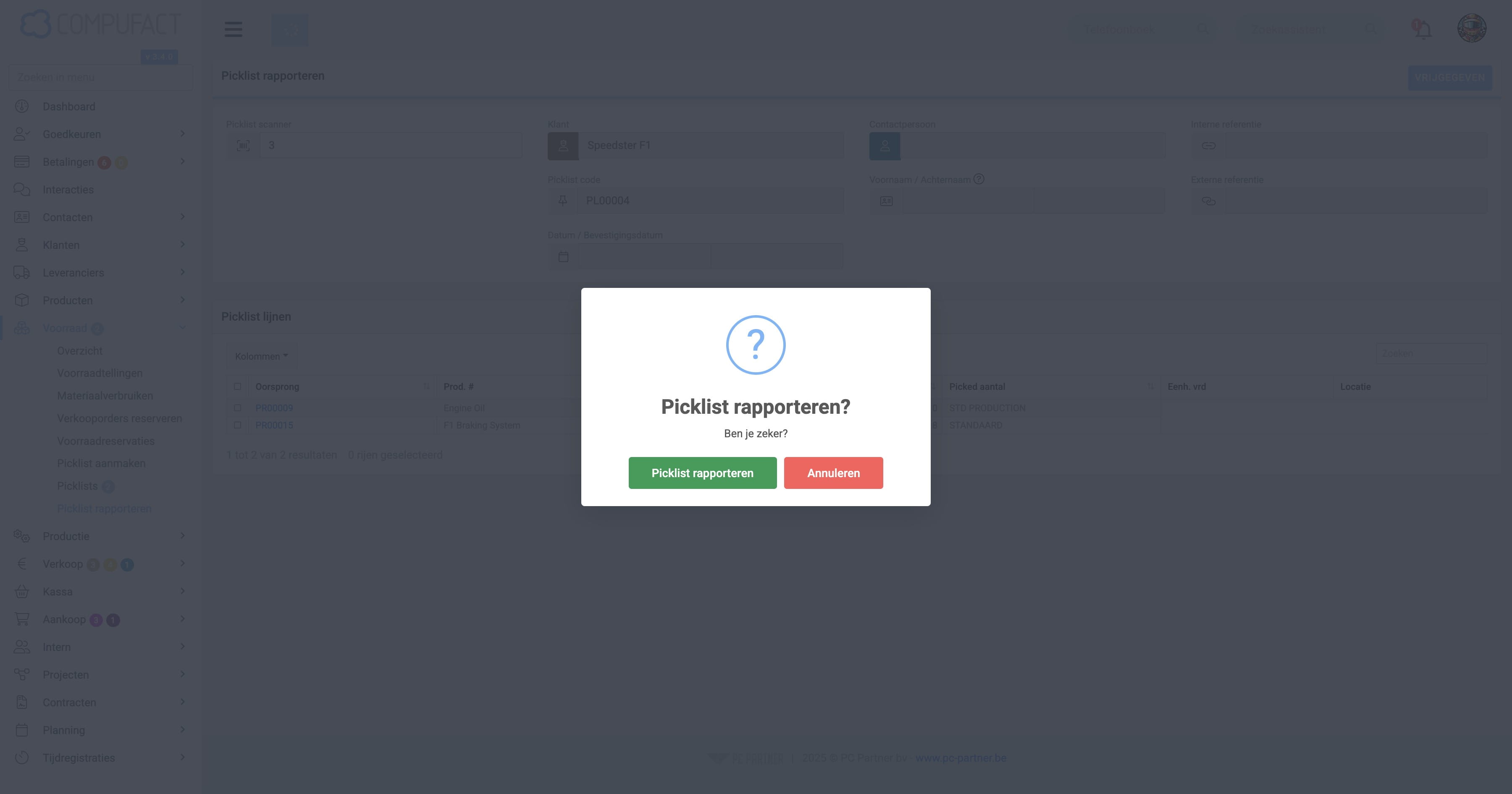 Klik op "Picklist rapporteren"
