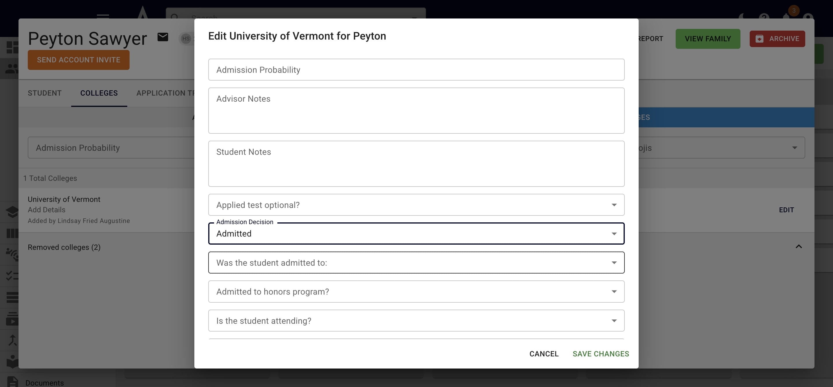 If you choose **Admitted**, related fields will appear to gather information about which program(s) the student was admitted to, merit aid they received, and/or if they're attending. 