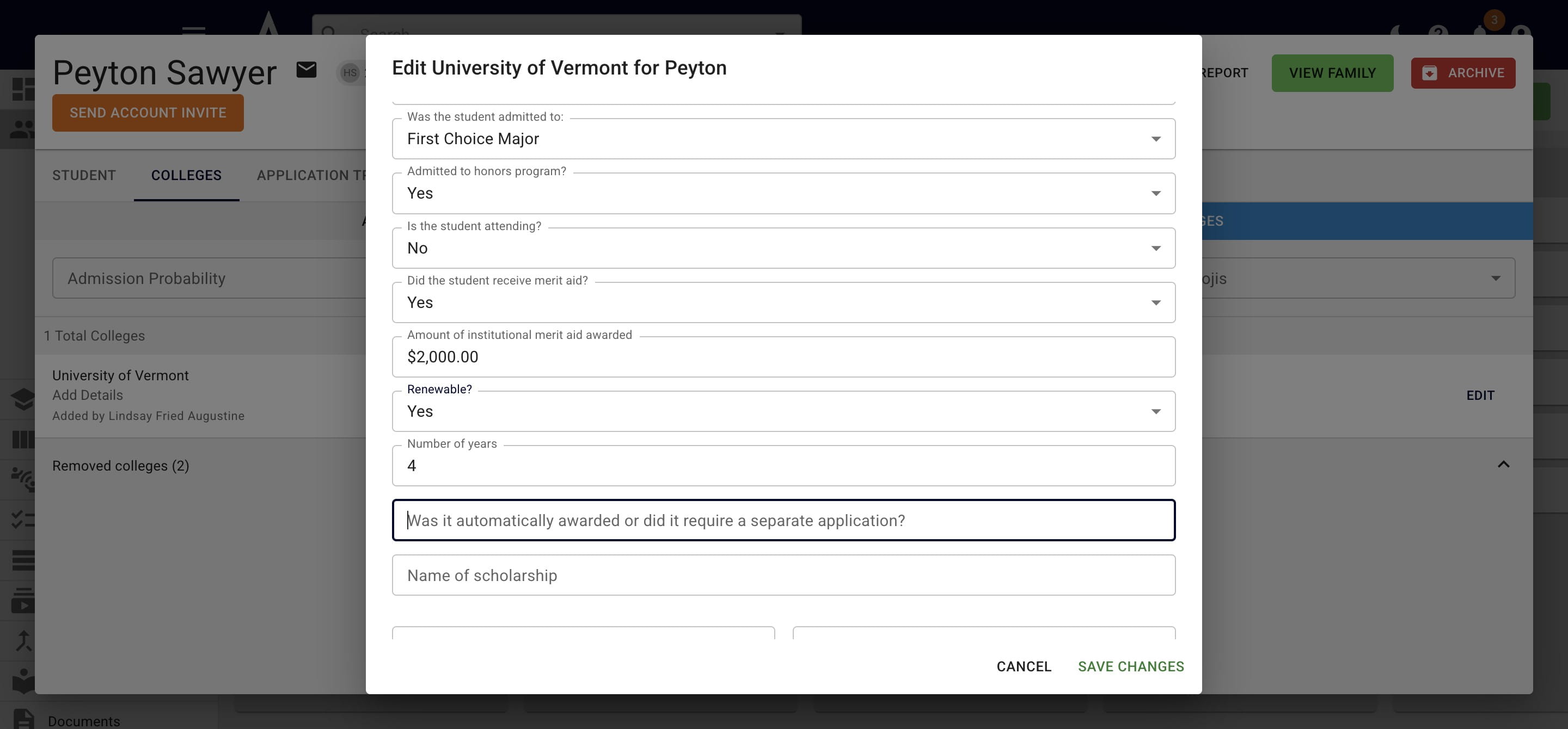 If you say **Yes** to renewable, the field Number of Years will appear with the number 4 already filled in (because it's the most common answer). If a specific scholarship is not renewable for 4 years, type the correct number in the field. 
