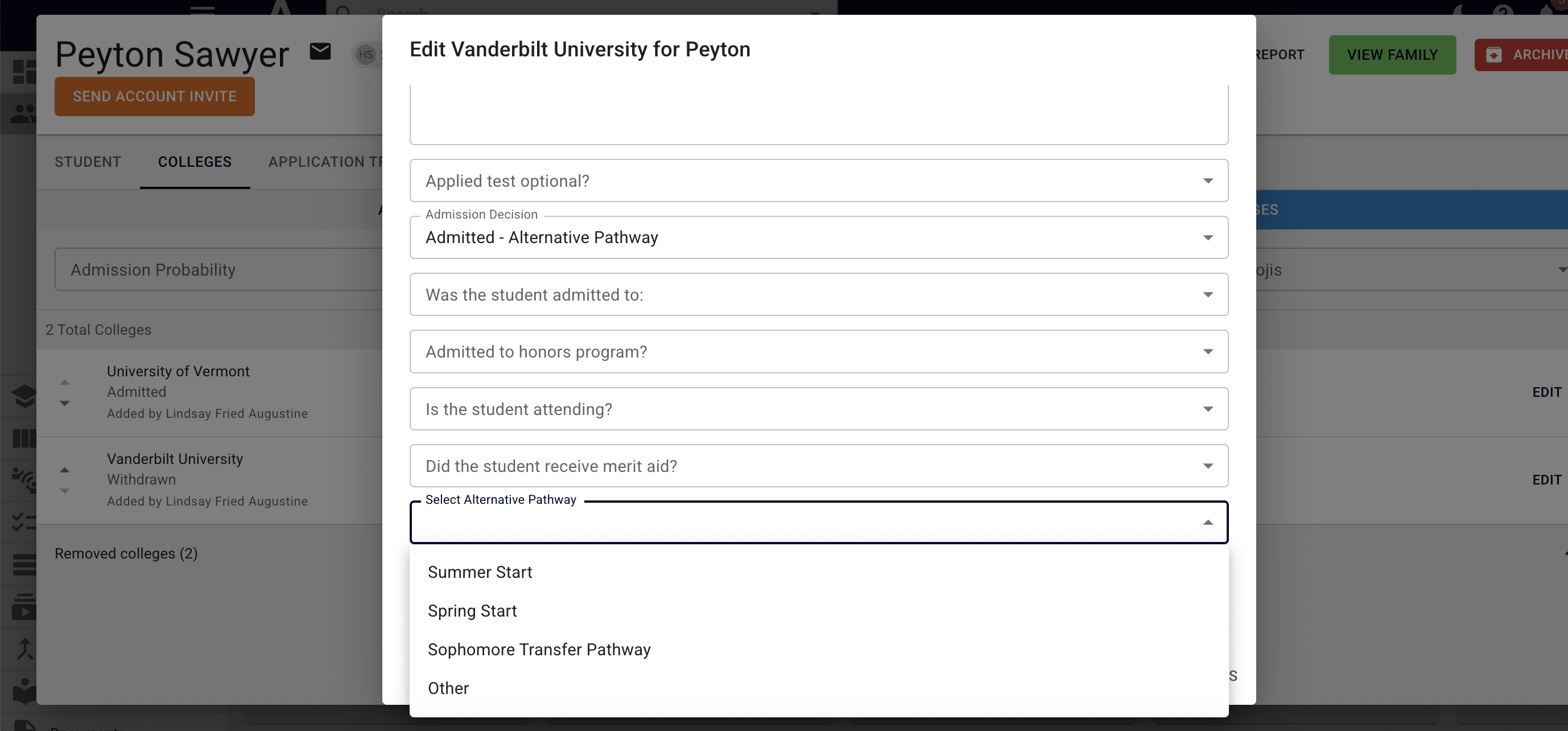 If you choose **Admitted-Alternative Program** as the **Admission Decision,** it will ask you to choose the alternative program (i.e. summer start, spring start, sophomore transfer pathway, other).