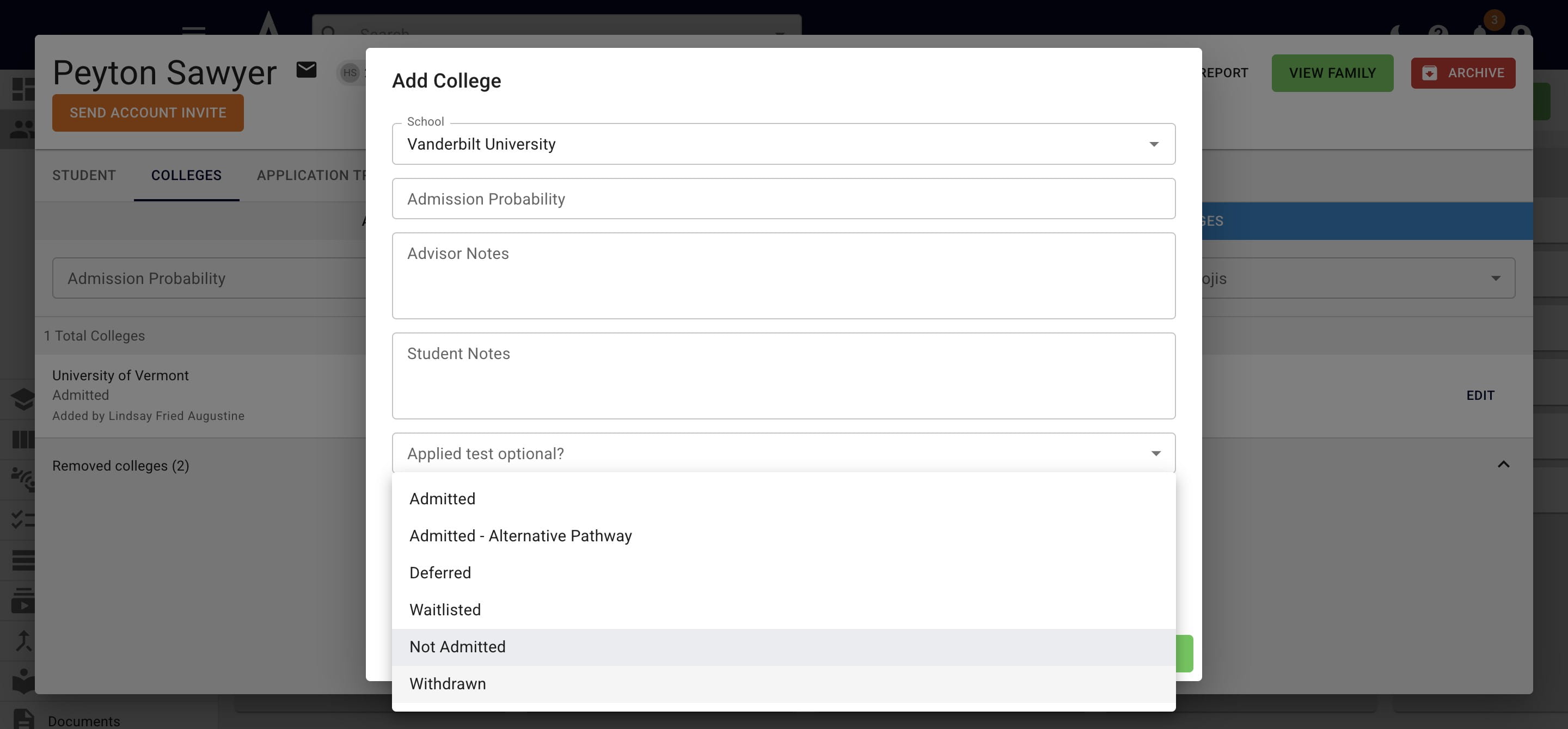 Other admission decision field options include **Not Admitted** and **Withdrawn.** 