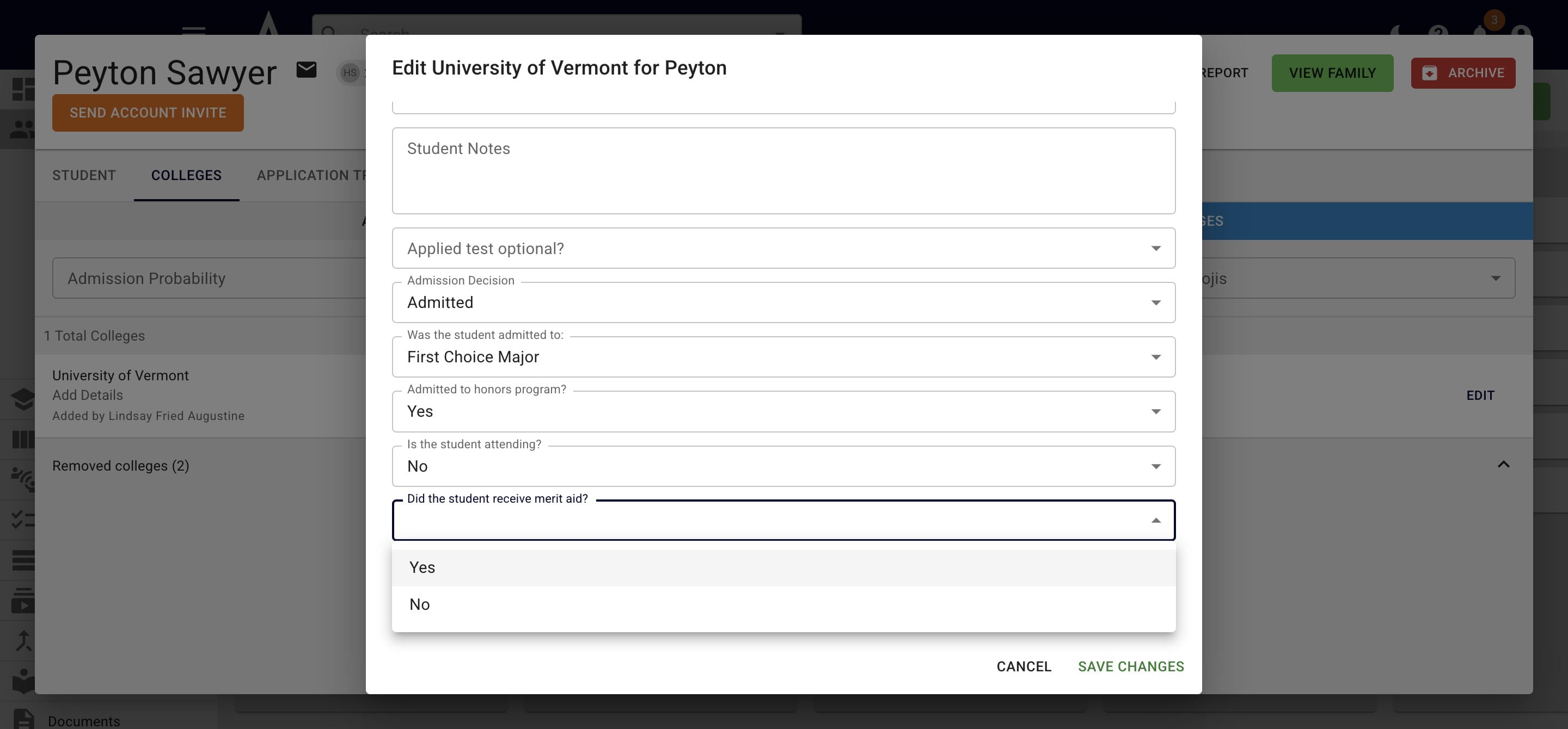 If a student received any scholarships, say **Yes** under **Did the student receive merit aid**?