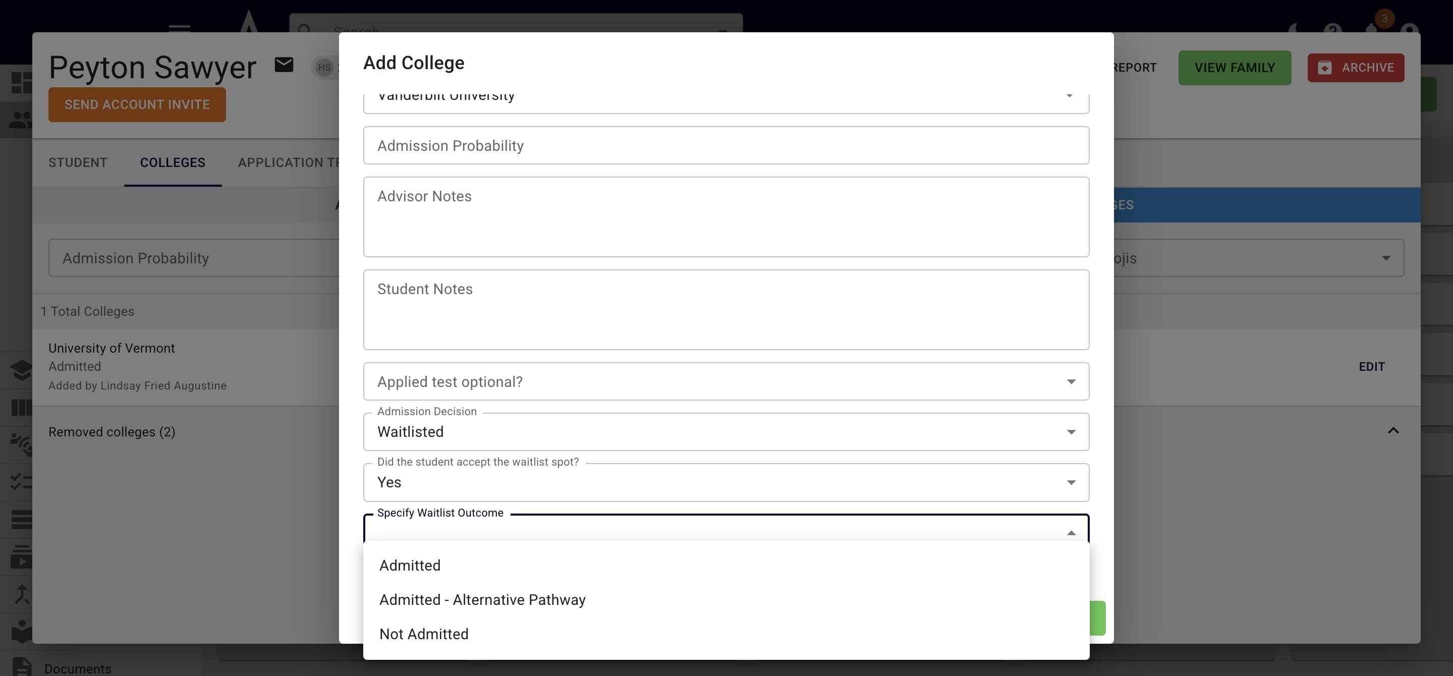 If you choose **Waitlisted** as the **Admission Decision,** it will ask if the student accepted the waitlist spot. If that answer is yes, it will ask what the final admission outcome was. 