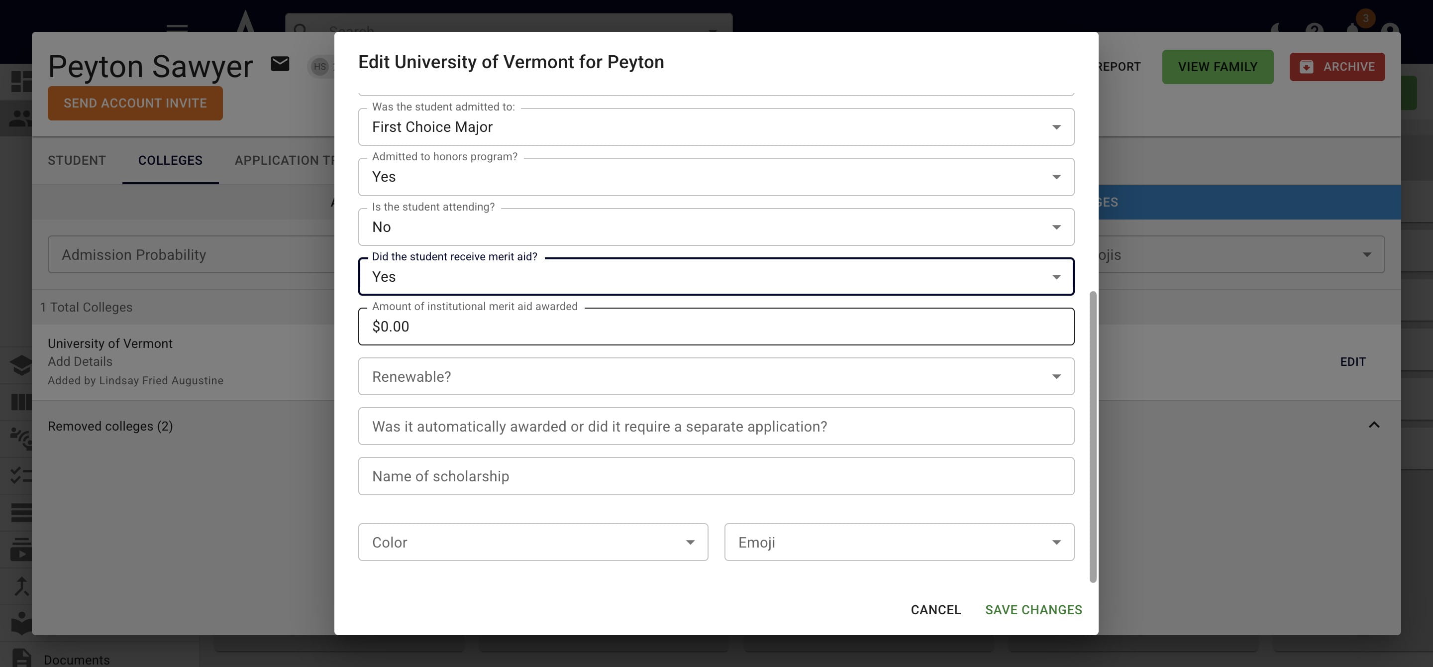 Additional fields will appear that ask for the **amount** of money that was rewarded and if it's a renewable scholarship (i.e. the student will receive it for more than 1 year). 