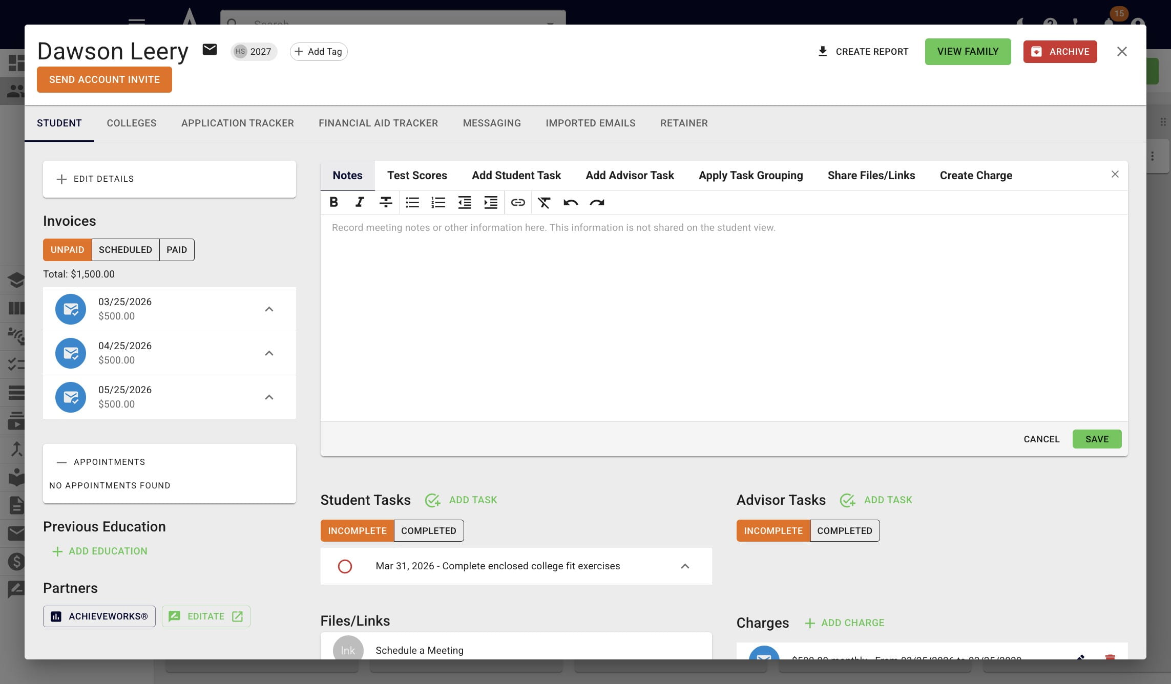 Click on the student's name to view the overdue invoice(s)