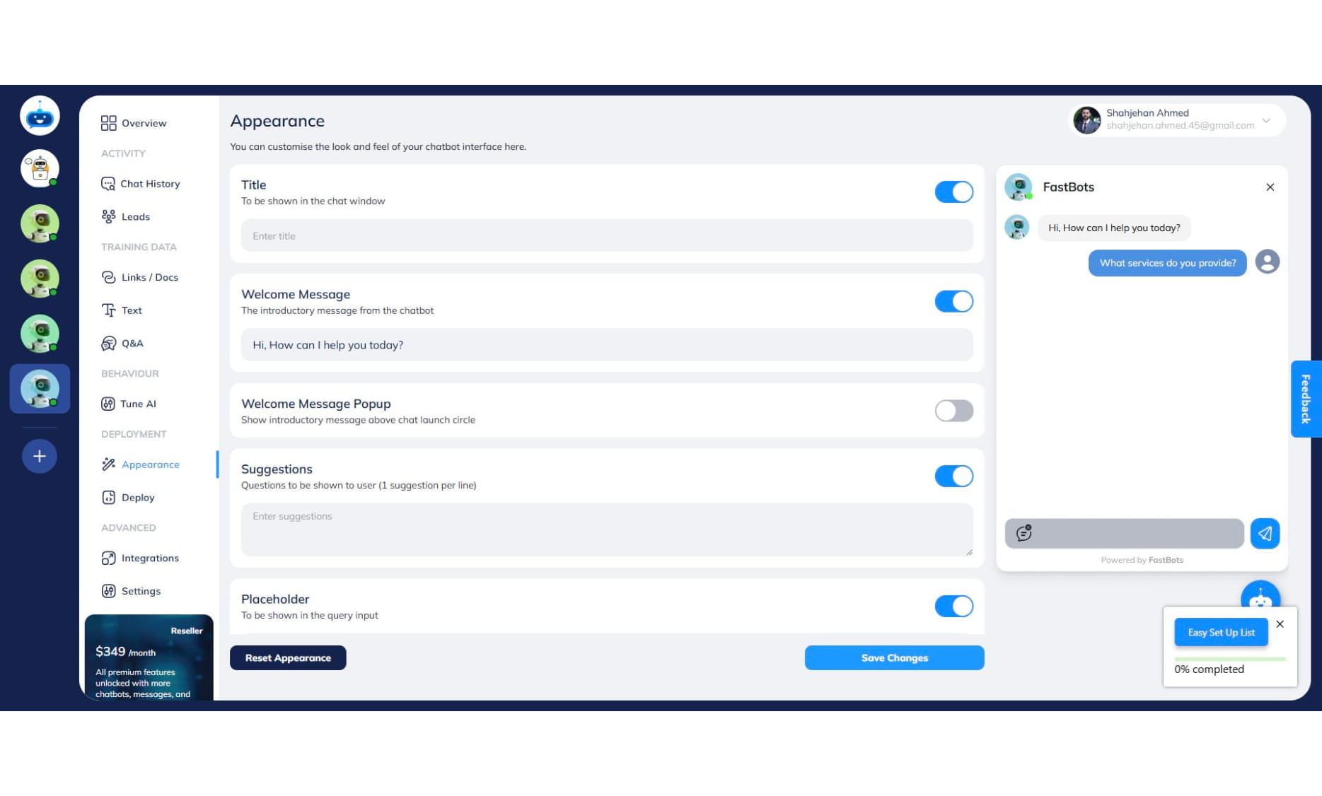 Go to the "Appearance" page and Add a title for your chatbot.