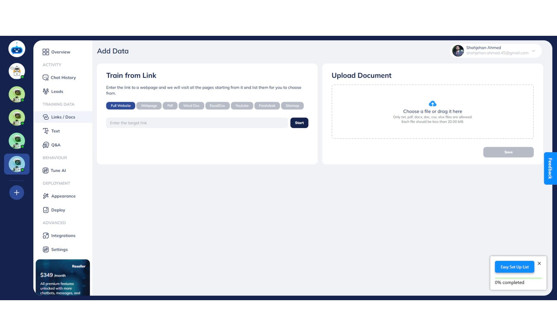 Choose the data you want to import into the chatbot to train it with. You can train the chatbot using different documents or websites. 