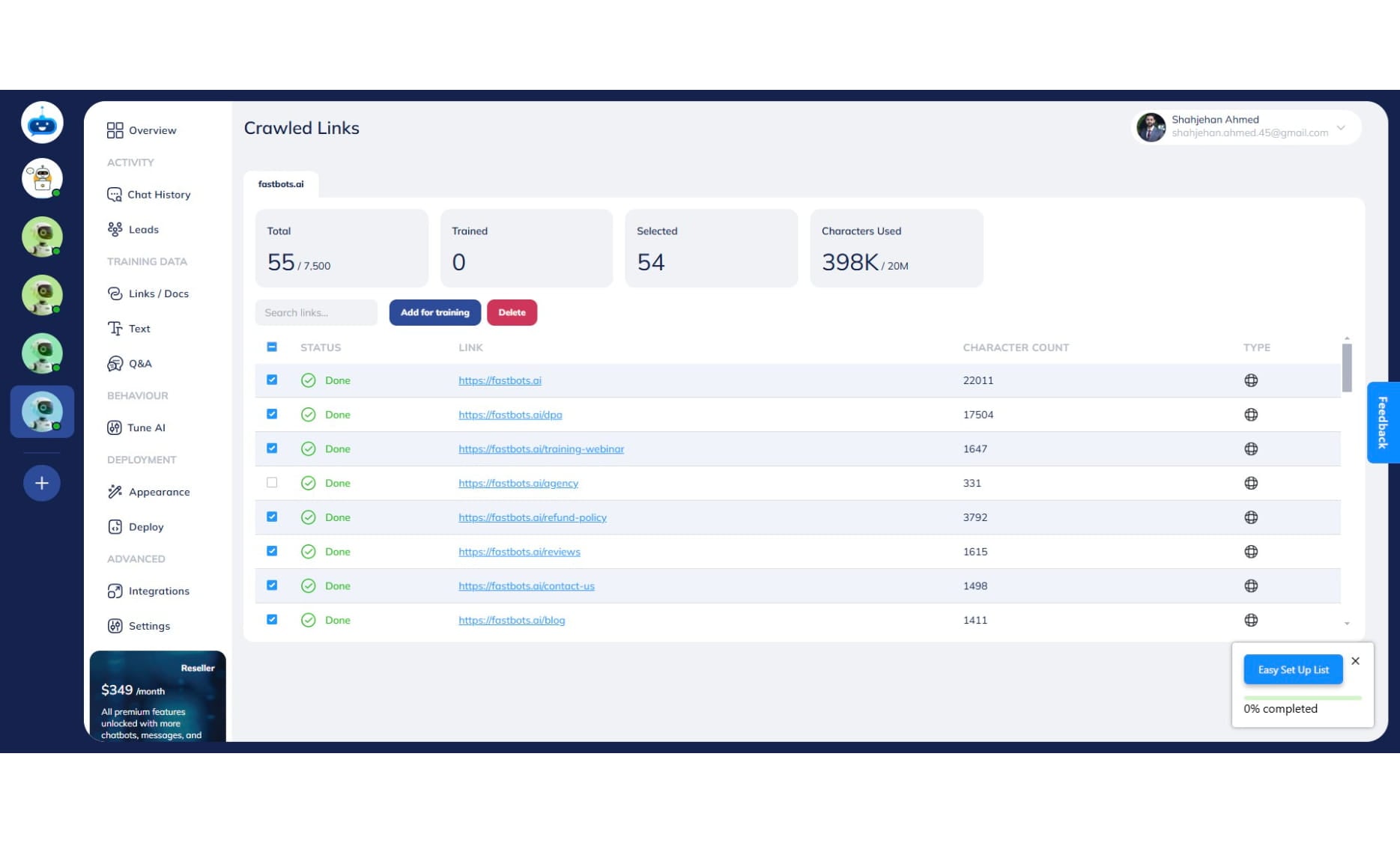 Deselect any links you don't need to be imported inot the chtabots data source.
