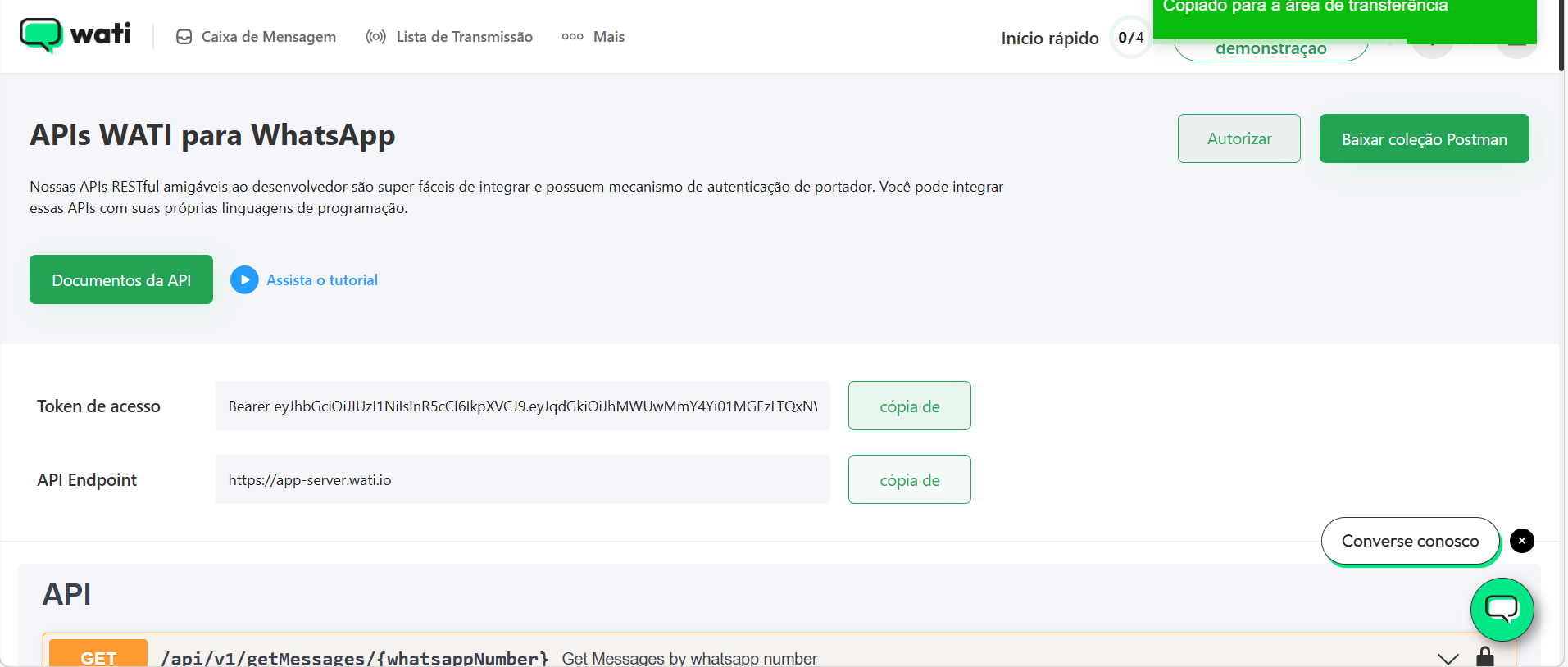 Copie o Token de acesso.