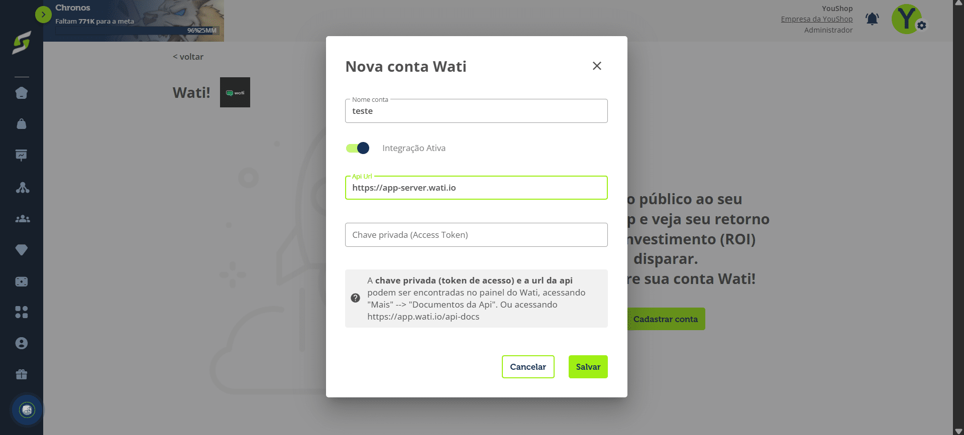 Volte para a YouShop e cole a URL copiada no campo Api Url.