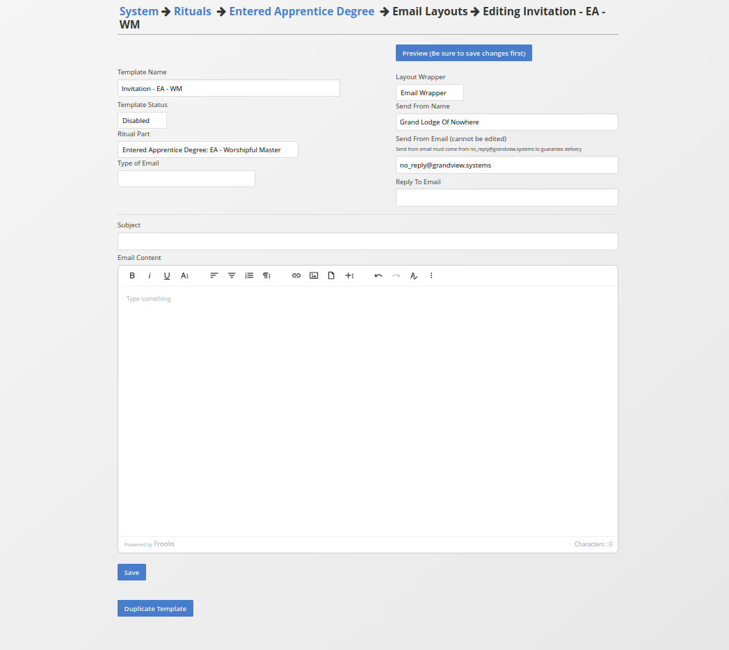 Once you click save on the previous step, you will be taken to the newly created blank email layout.  At the very bottom, below the "Save" and "Duplicate Template" button, you will find a merge variable reference to build out the email layout how you like.  To make the layout active, change the "Template Status" from disabled to enabled and select the type of email this layout is for.  Currently there are only two options:
&nbsp;
- Invite member to perform Ritual Part
- Withdraw Invitation
&nbsp;
