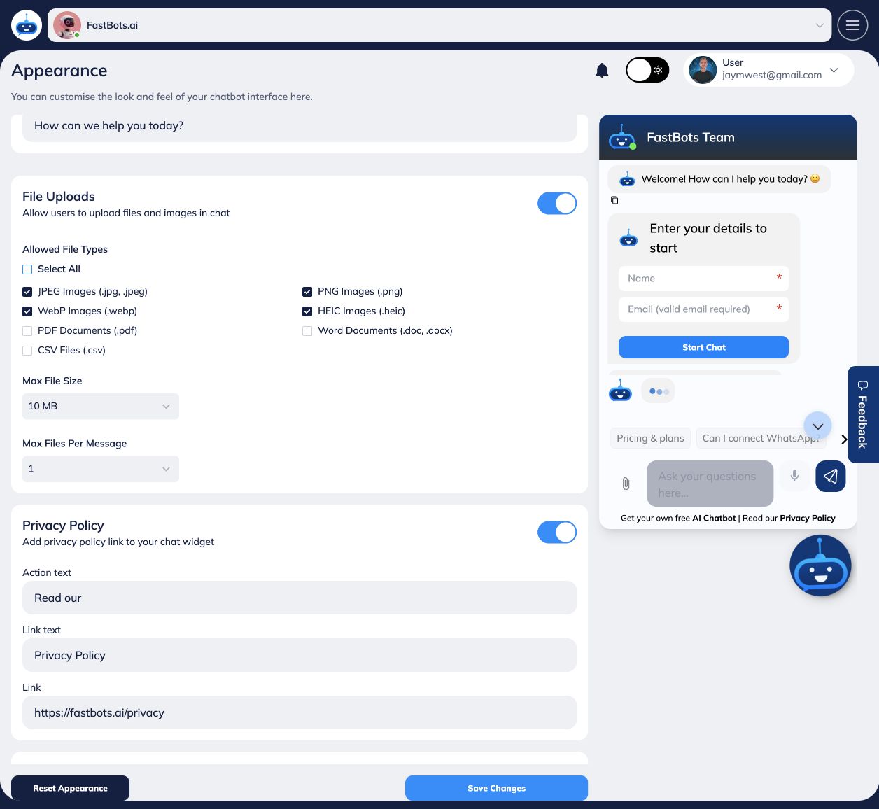 If you collect personal information, enable Privacy Policy and link to your published privacy notice. Review the preview, then click Save Changes.