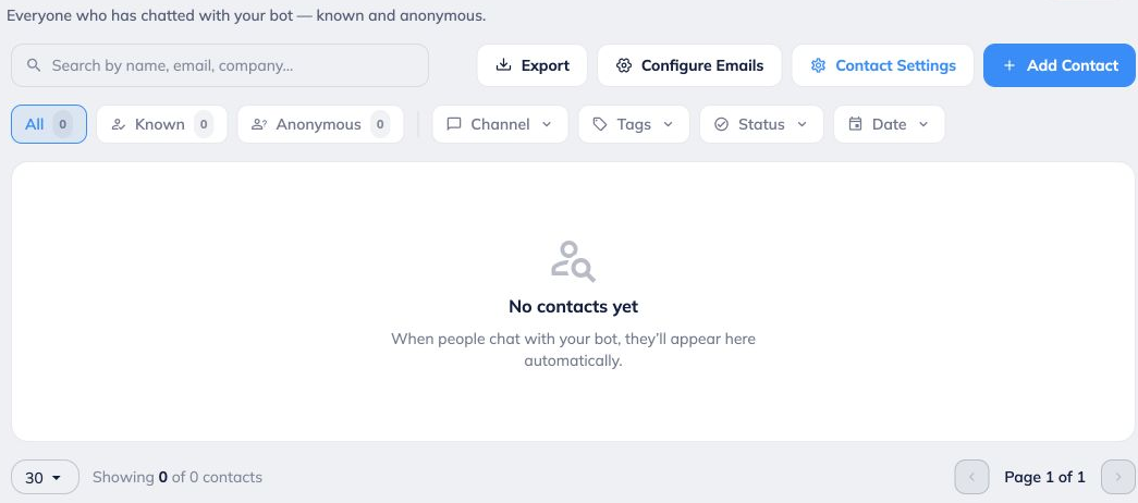 **Review the captured lead in Contacts.**
 
Find and open the contact, check the submitted values and review its conversation context. Use Export when you need a copy of your contact list.
 
Continue with the [Contacts CRM and AI Enrichment guide](https://help.fastbots.ai/guides/TnhYGVIAekgGyOF8EiqS) for managing follow-ups.