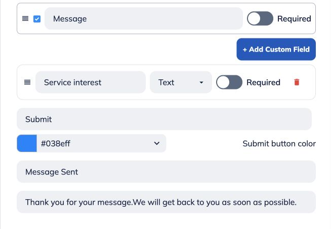**Add any custom fields.**
Click **Add Custom Field**, enter a label and select the field type. You can add up to four custom fields.
These fields are shared with AI Contact Enrichment, so the same information can be collected by a form, AI, or both. Check the AI collection toggle on the enrichment tab separately.