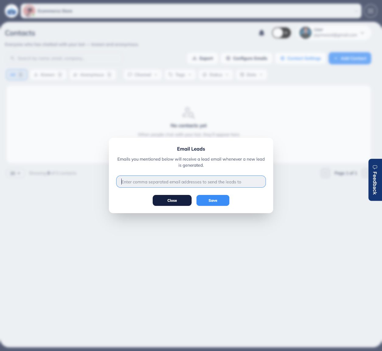 To receive an email when a lead is captured, open Contacts, click Configure Emails, enter one or more comma-separated addresses, then click Save.