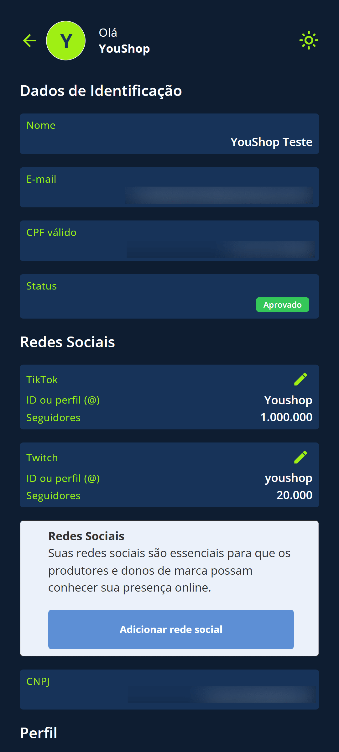 Pronto! Suas redes sociais serão exibidas no seu perfil.