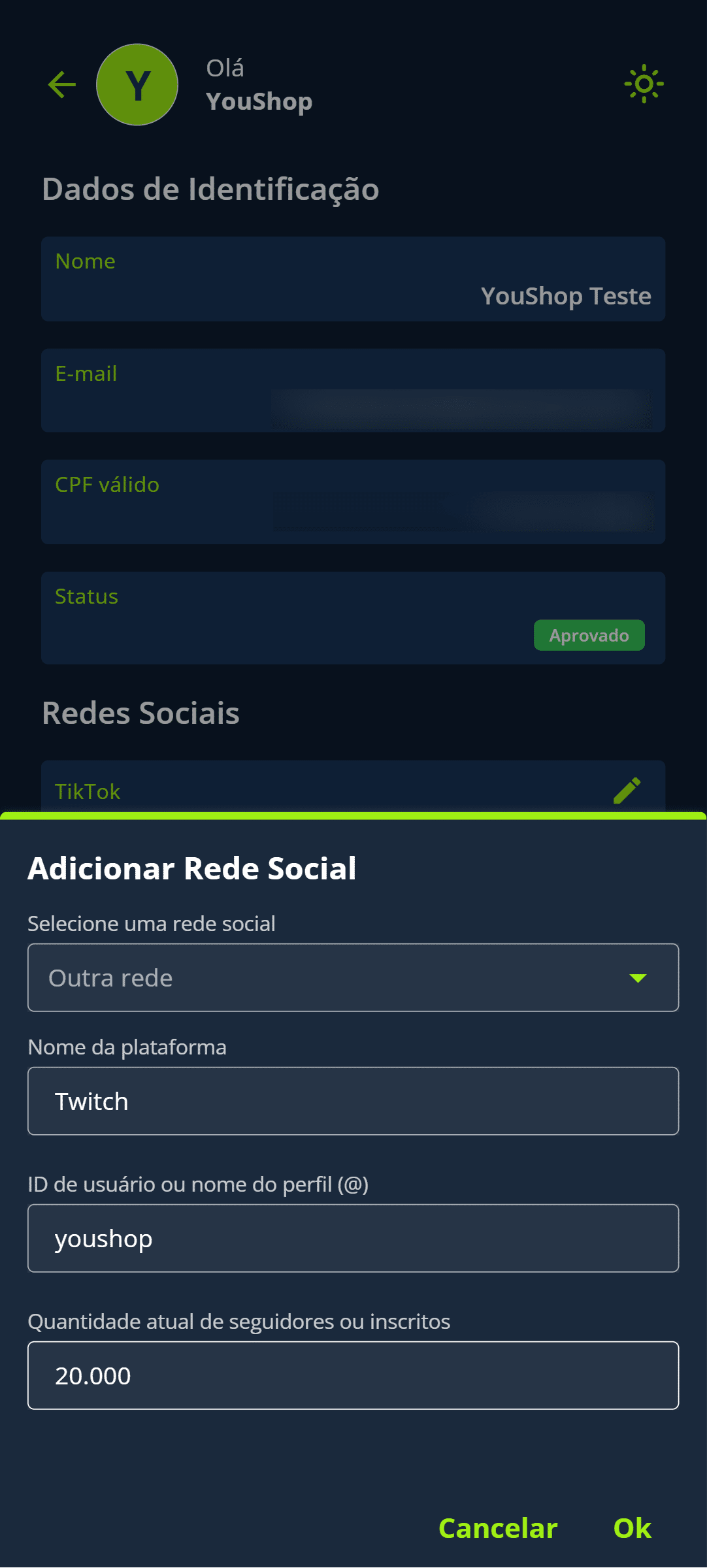 Preencha os campos com o nome da plataforma, seu nome de usuário e a quantidade de seguidores ou inscritos.