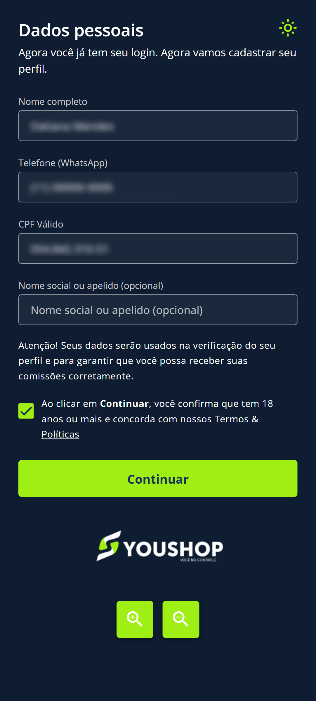 Preencha seus dados pessoais e selecione “Continuar”.